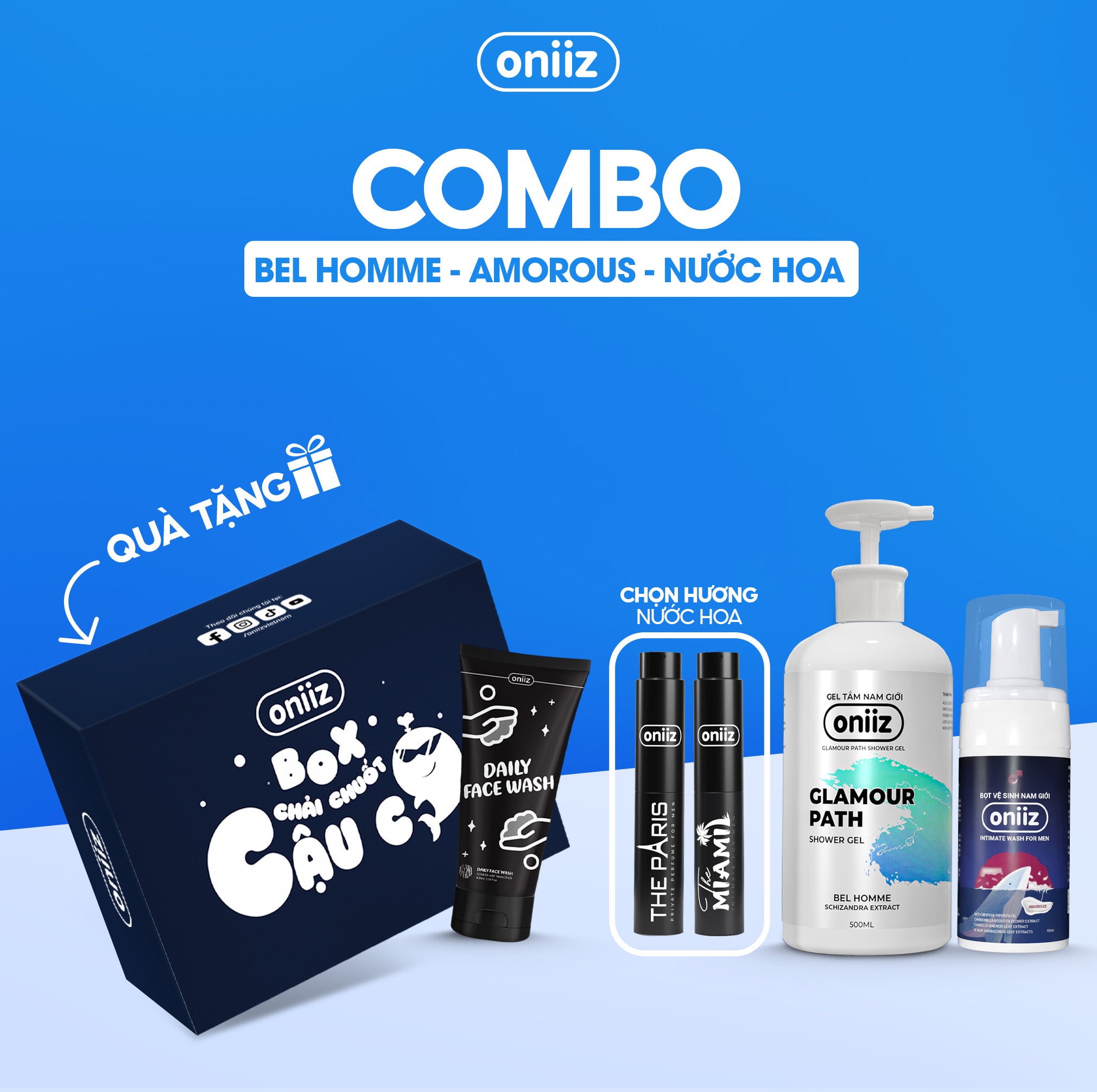 Oniiz Elegant Combo | Men's Hygiene Foam, Perfumed Shower Gel, High-Class Perfume, Organic Mask Gift
