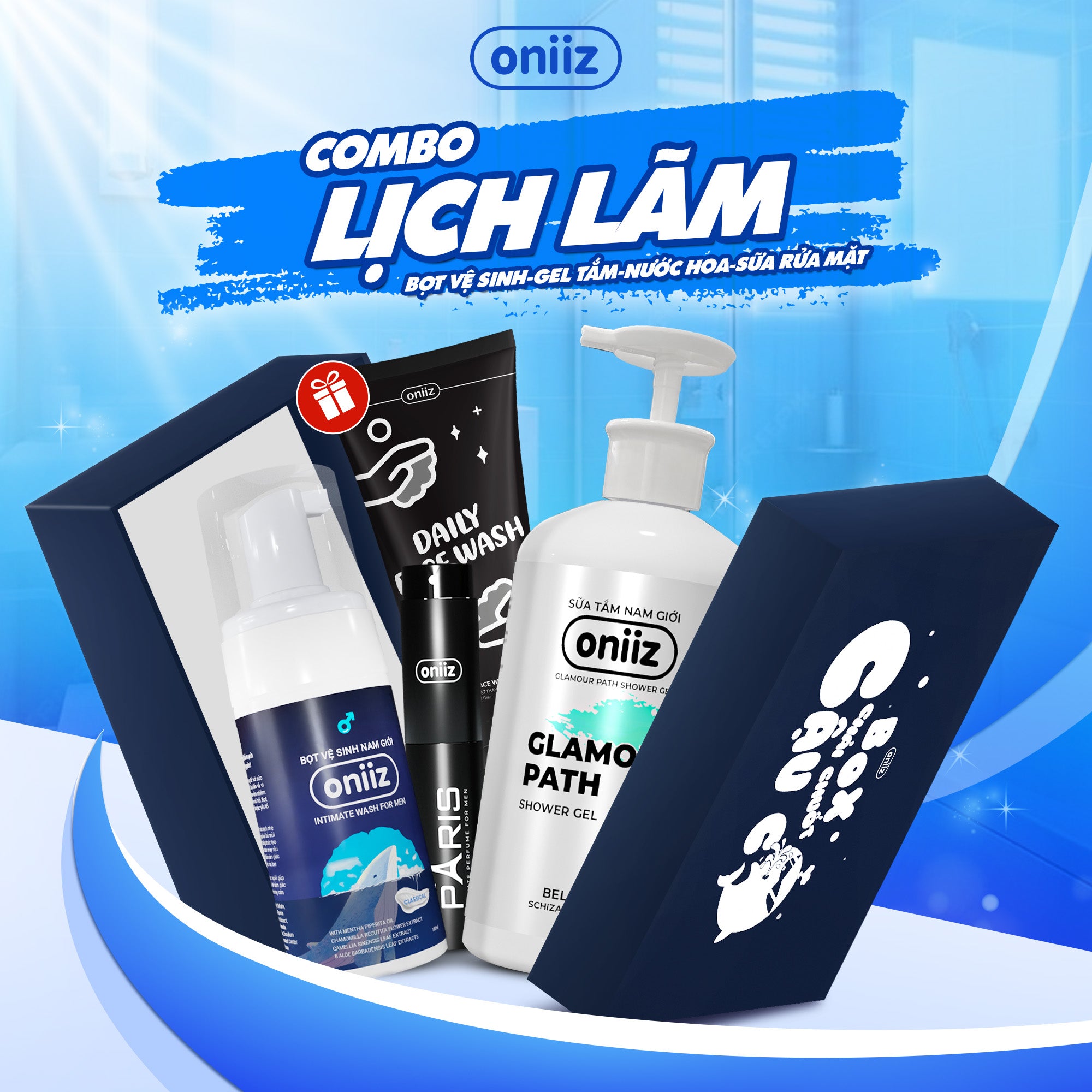 Oniiz Elegant Combo | Men's Hygiene Foam, Perfumed Shower Gel, High-Class Perfume, Organic Mask Gift