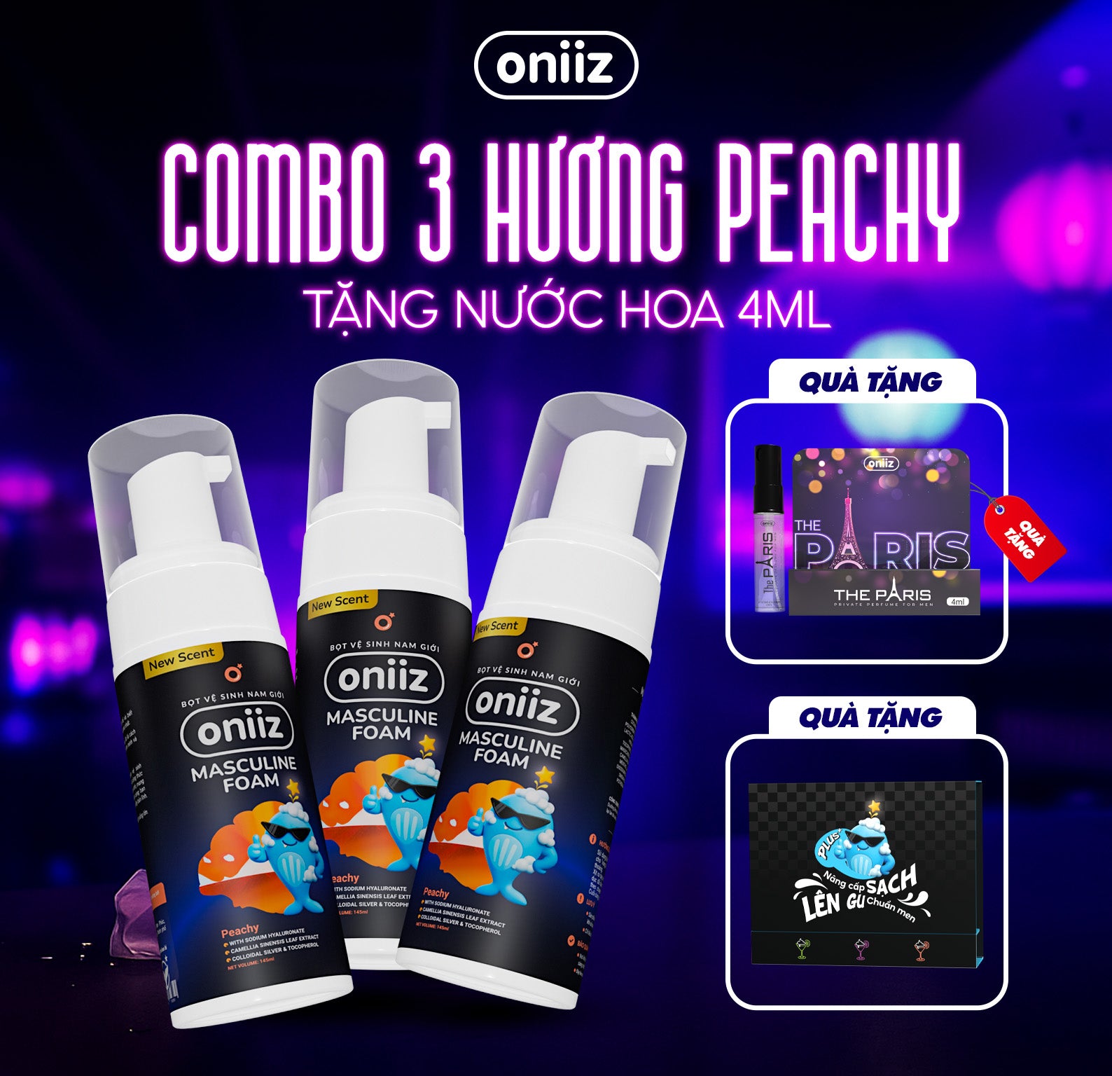 Bọt vệ sinh nam giới Oniiz Plus hương Peachy, dung dịch Masculine foam sạch sâu, mát lạnh, dưỡng ẩm