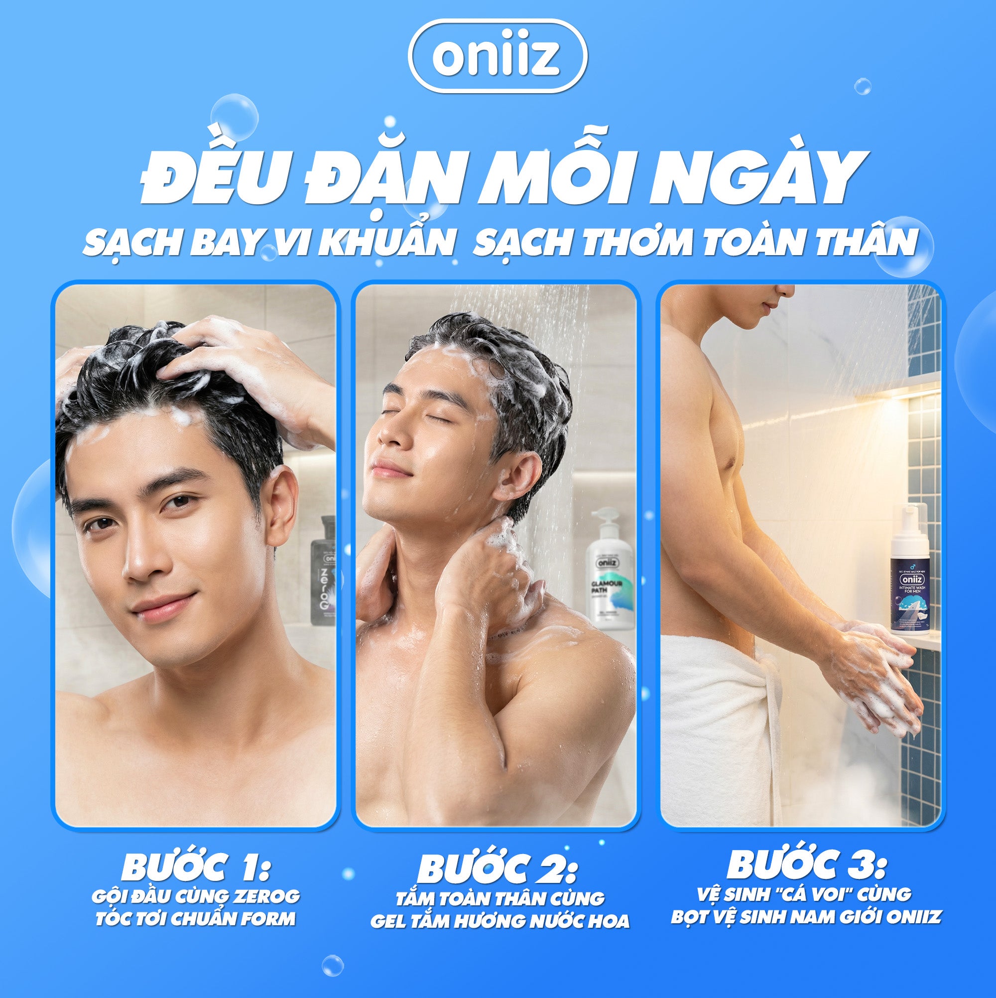 Combo Tự Tin Oniiz - Bọt vệ sinh nam giới Oniiz, Sữa tắm hương nước hoa, Dầu gội sạch gàu, vào nếp, hương thơm nam tính mới ZeroG