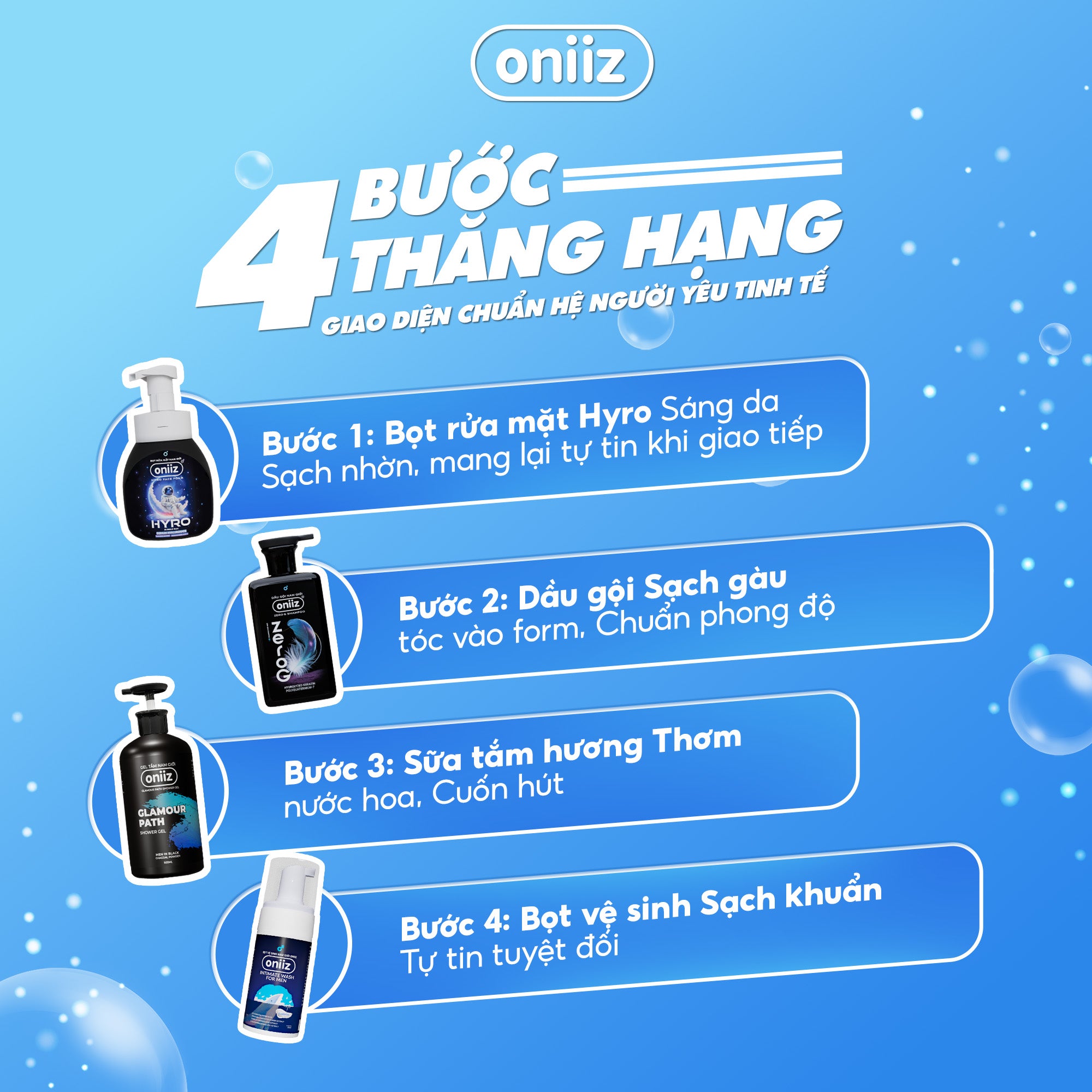Combo Tinh Tế Oniiz - Bọt vệ sinh nam, Sữa tắm hương nước hoa, Dầu gội nam ZeroG, Bọt rửa mặt Hyro