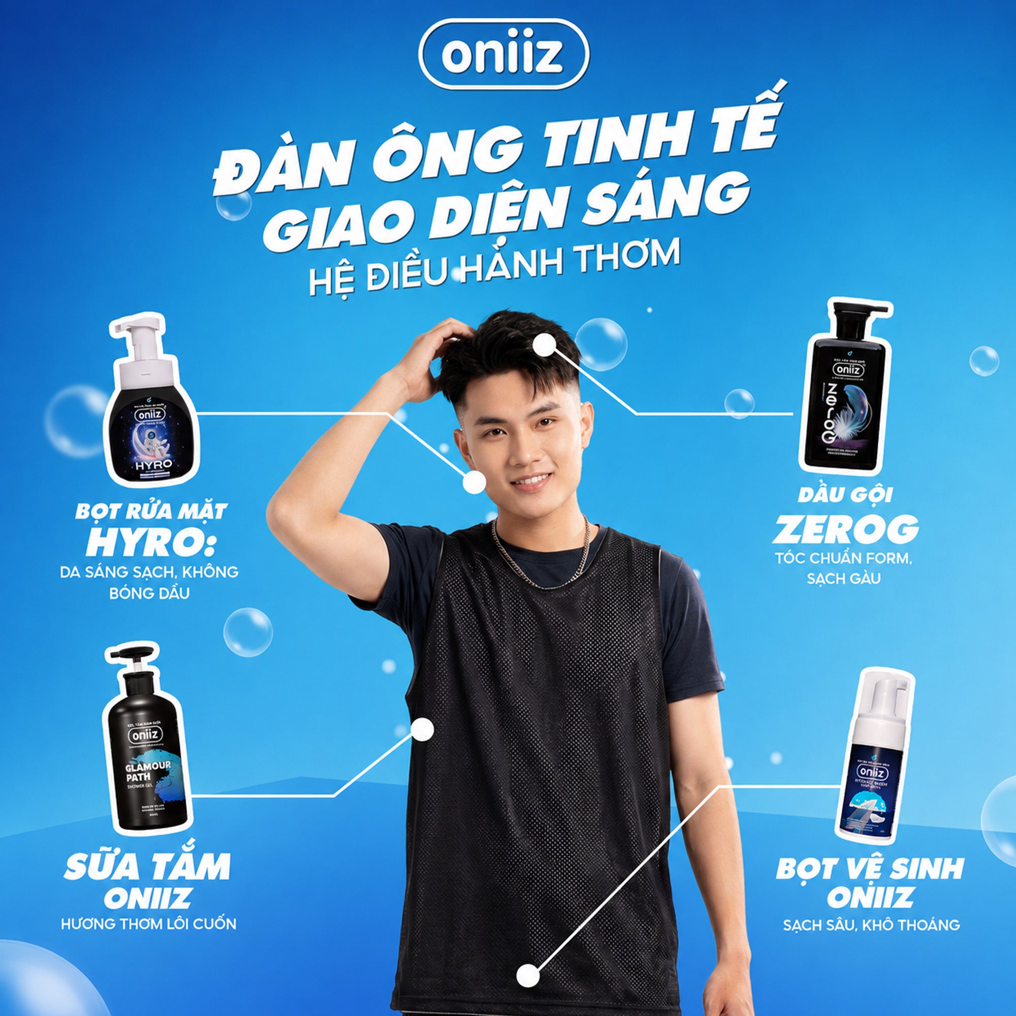 Combo Tinh Tế Oniiz - Bọt vệ sinh nam, Sữa tắm hương nước hoa, Dầu gội nam ZeroG, Bọt rửa mặt Hyro