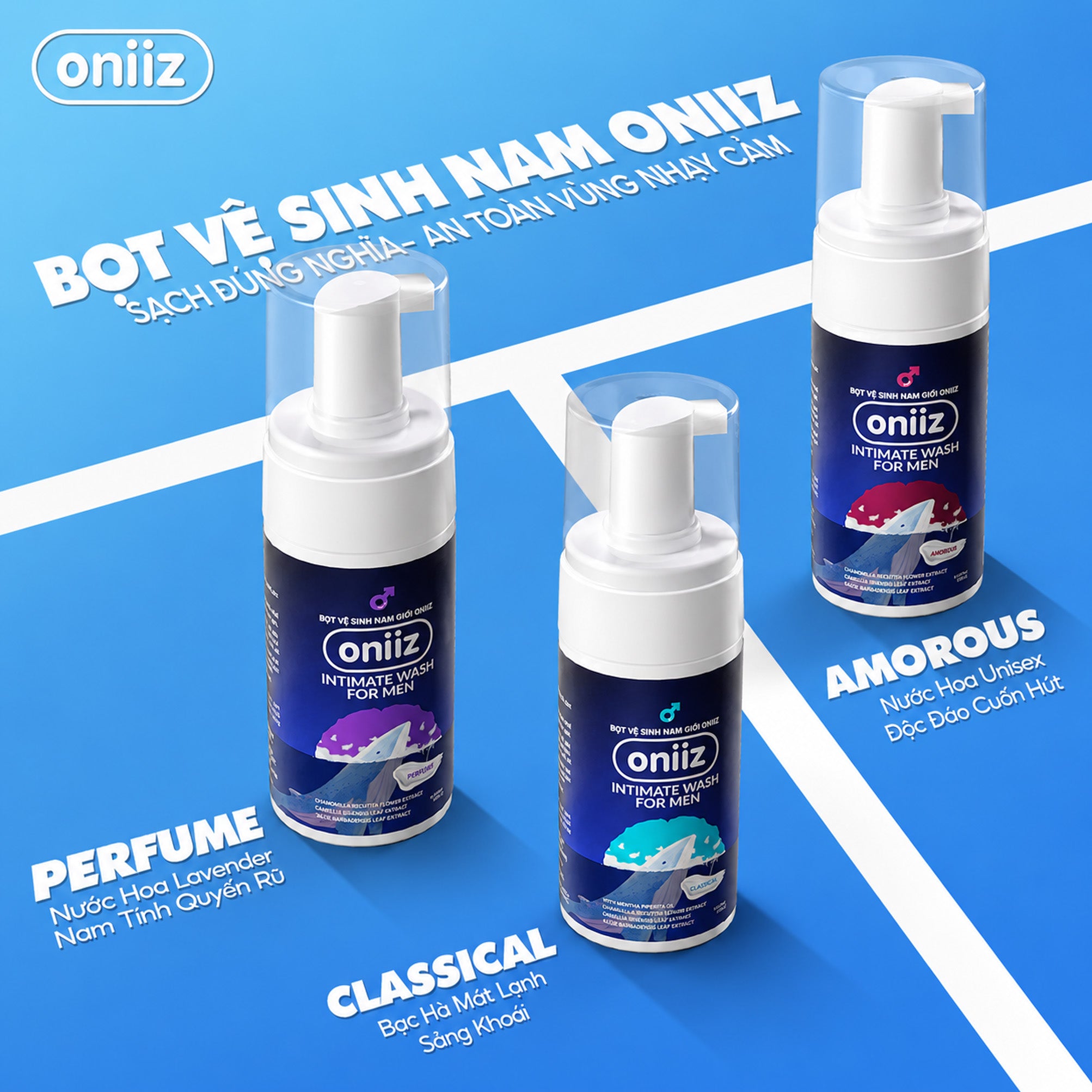 Combo Tinh Tế Oniiz - Bọt vệ sinh nam, Sữa tắm hương nước hoa, Dầu gội nam ZeroG, Bọt rửa mặt Hyro