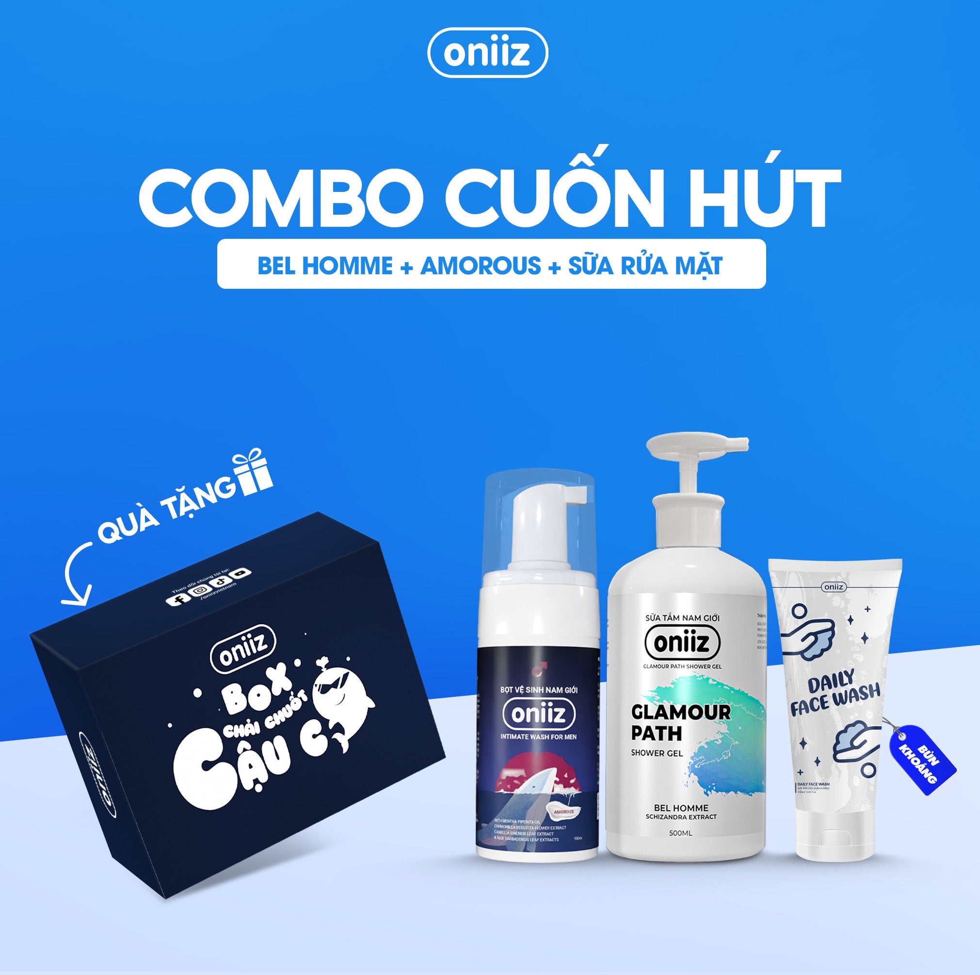 Oniiz Grooming Box - Attractive Fragrance | Bel Homme Shower Gel 500ml, Amorous Foam Cleanser 100ml and Facial Cleanser 100ml
