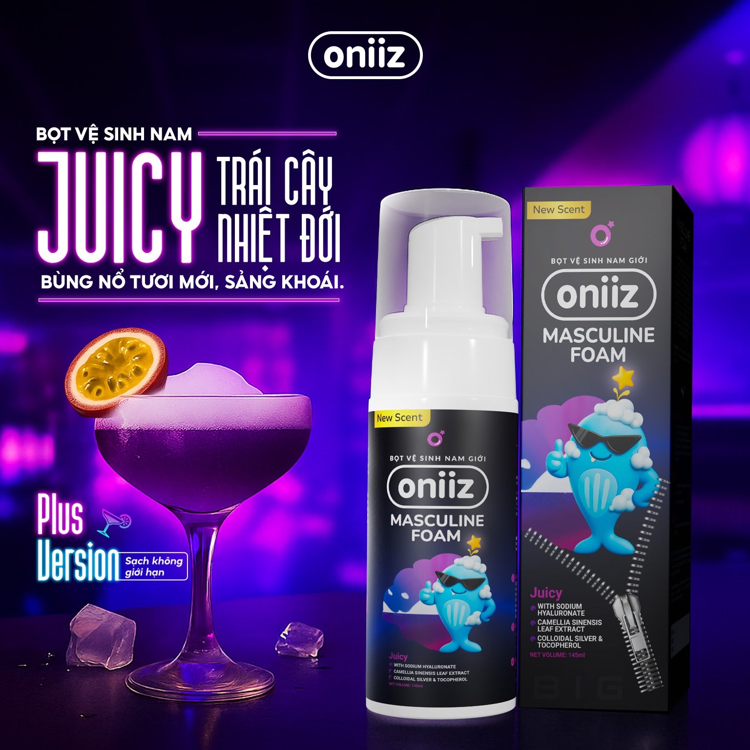Bọt vệ sinh nam giới Oniiz Plus hương Juicy, dung dịch Masculine foam sạch sâu, mát lạnh, dưỡng ẩm