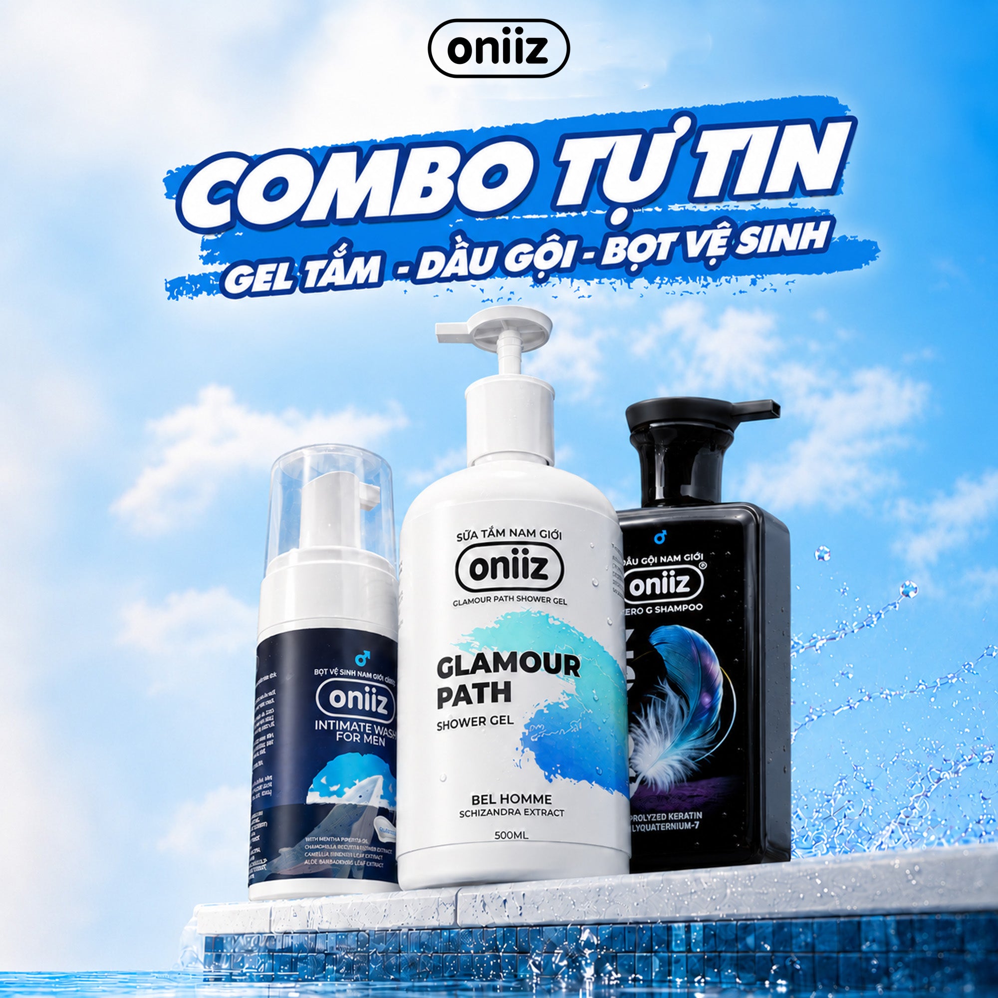 Combo Tự Tin Oniiz - Bọt vệ sinh nam giới Oniiz, Sữa tắm hương nước hoa, Dầu gội sạch gàu, vào nếp, hương thơm nam tính mới ZeroG