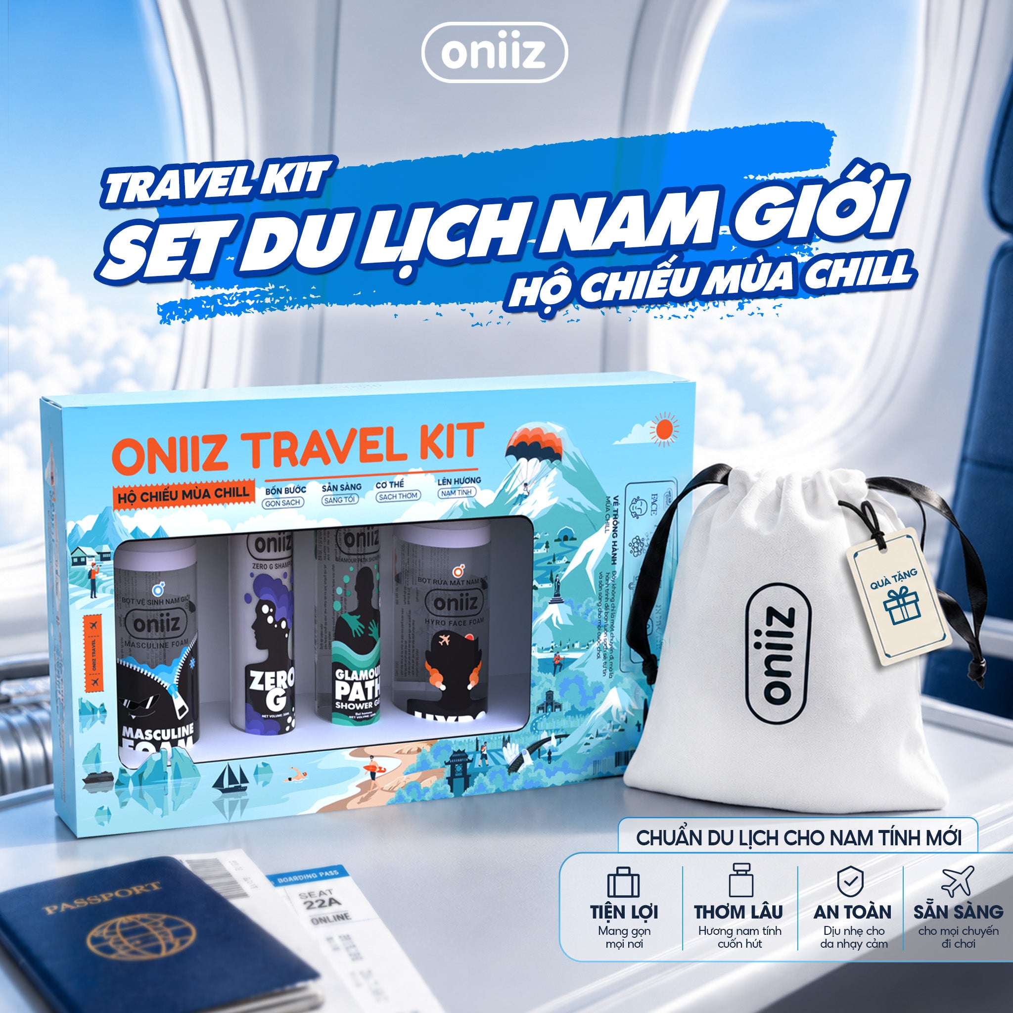 Oniiz Travel Kit, Set du lịch Nam 4 món Minisize Bọt Vệ Sinh, Rửa Mặt, Dầu Gội & Sữa Tắm. Combo chăm sóc cá nhân cho Nam Giới