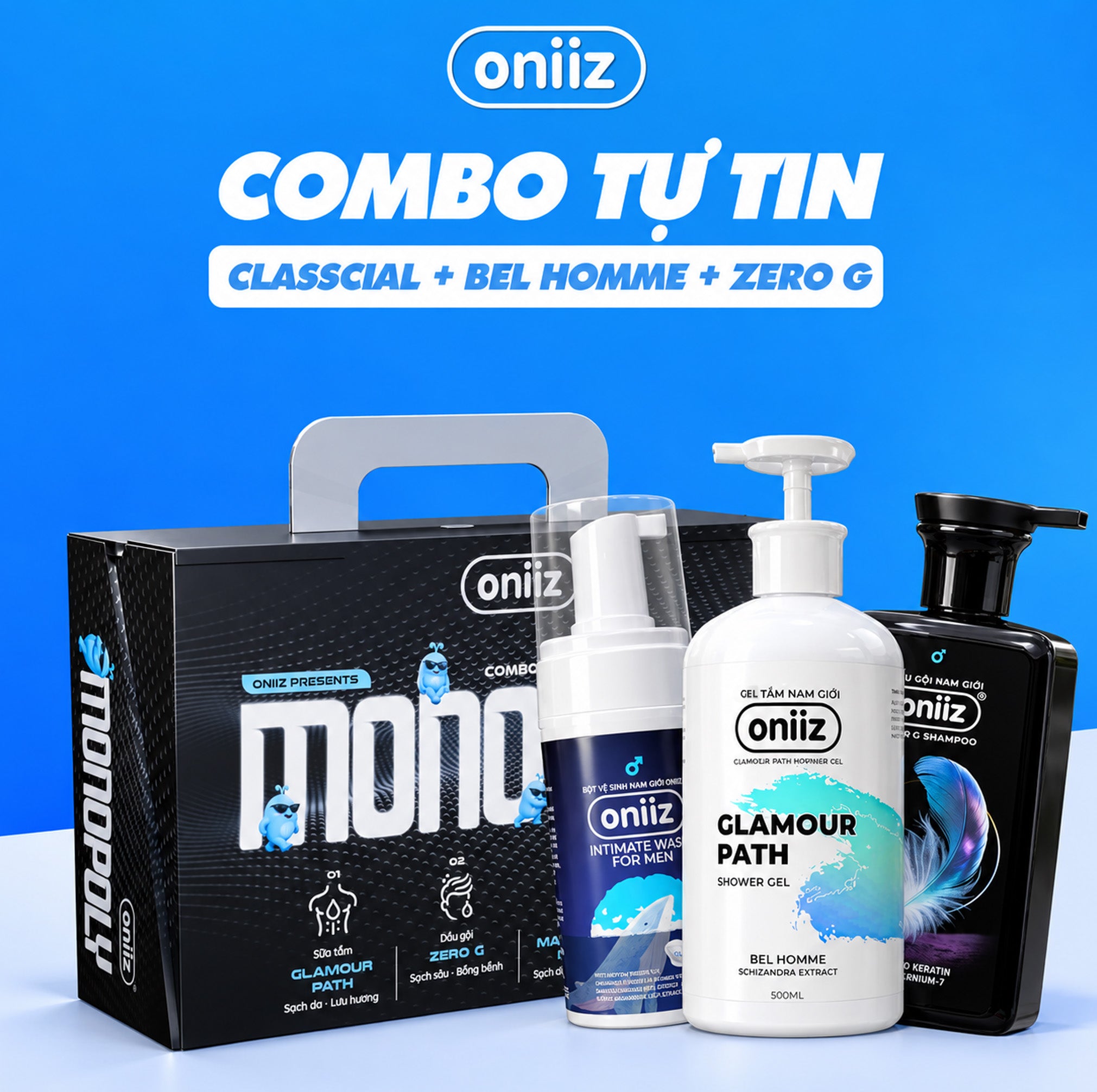 Combo Tự Tin Oniiz - Bọt vệ sinh nam giới Oniiz, Sữa tắm hương nước hoa, Dầu gội sạch gàu, vào nếp, hương thơm nam tính mới ZeroG