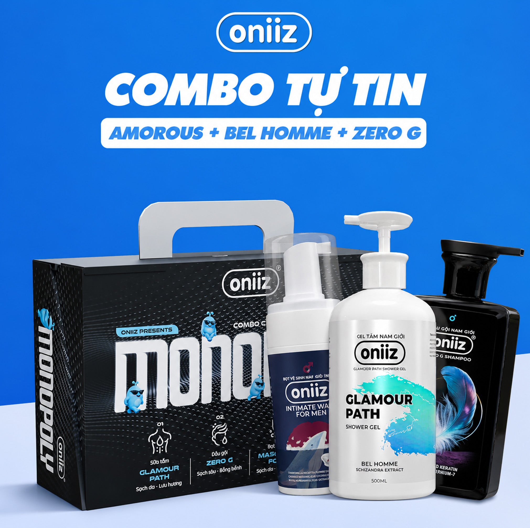 Combo Tự Tin Oniiz - Bọt vệ sinh nam giới Oniiz, Sữa tắm hương nước hoa, Dầu gội sạch gàu, vào nếp, hương thơm nam tính mới ZeroG