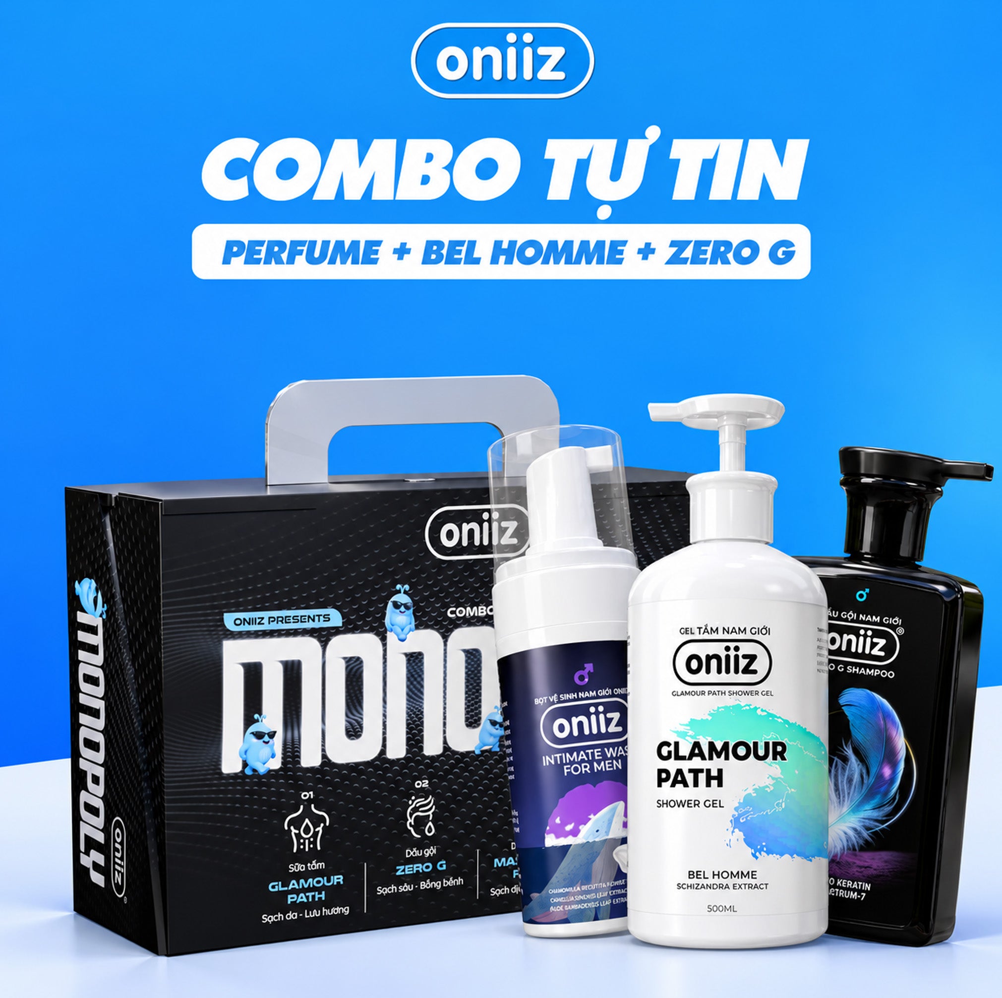 Combo Tự Tin Oniiz - Bọt vệ sinh nam giới Oniiz, Sữa tắm hương nước hoa, Dầu gội sạch gàu, vào nếp, hương thơm nam tính mới ZeroG