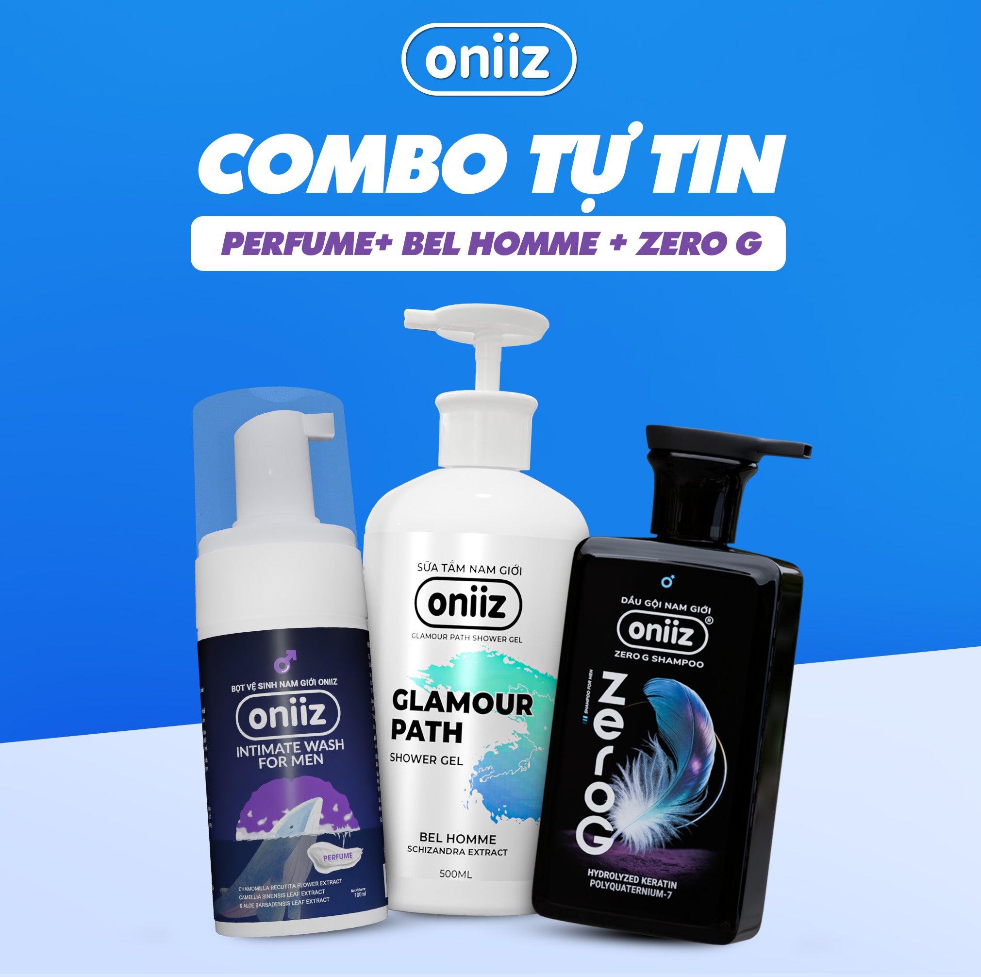 Combo Tự Tin Oniiz - Bọt vệ sinh nam giới Oniiz, Sữa tắm hương nước hoa, Dầu gội sạch gàu, vào nếp, hương thơm nam tính mới ZeroG