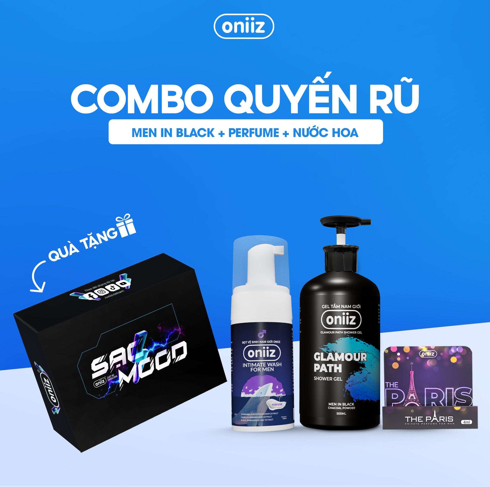 Oniiz Grooming Box - Seductive Fragrance | Men In Black Shower Gel 500ml, Perfume Foam Cleanser 100ml And Facial Cleanser 100ml
