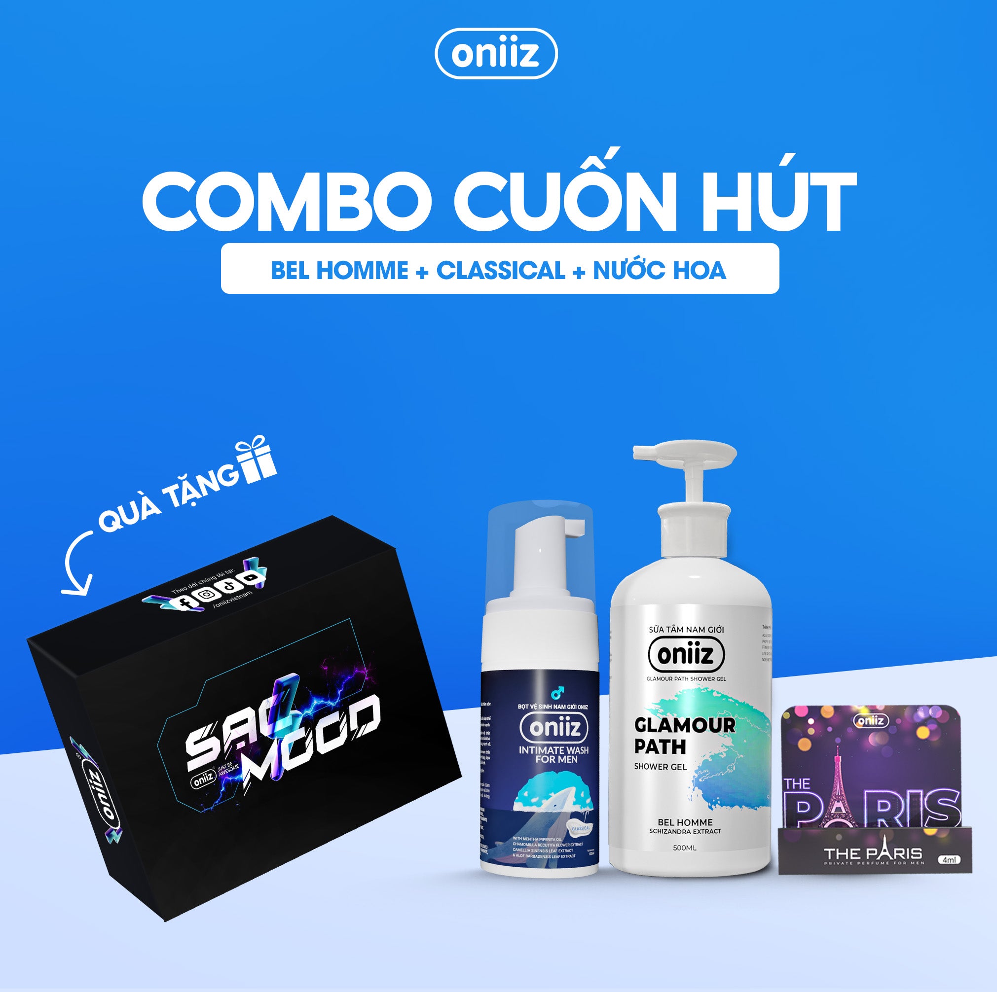Oniiz Grooming Box - Intoxicating Fragrance | Bel Homme Shower Gel 500ml, Classical Foam Cleanser 100ml and Facial Cleanser 100ml
