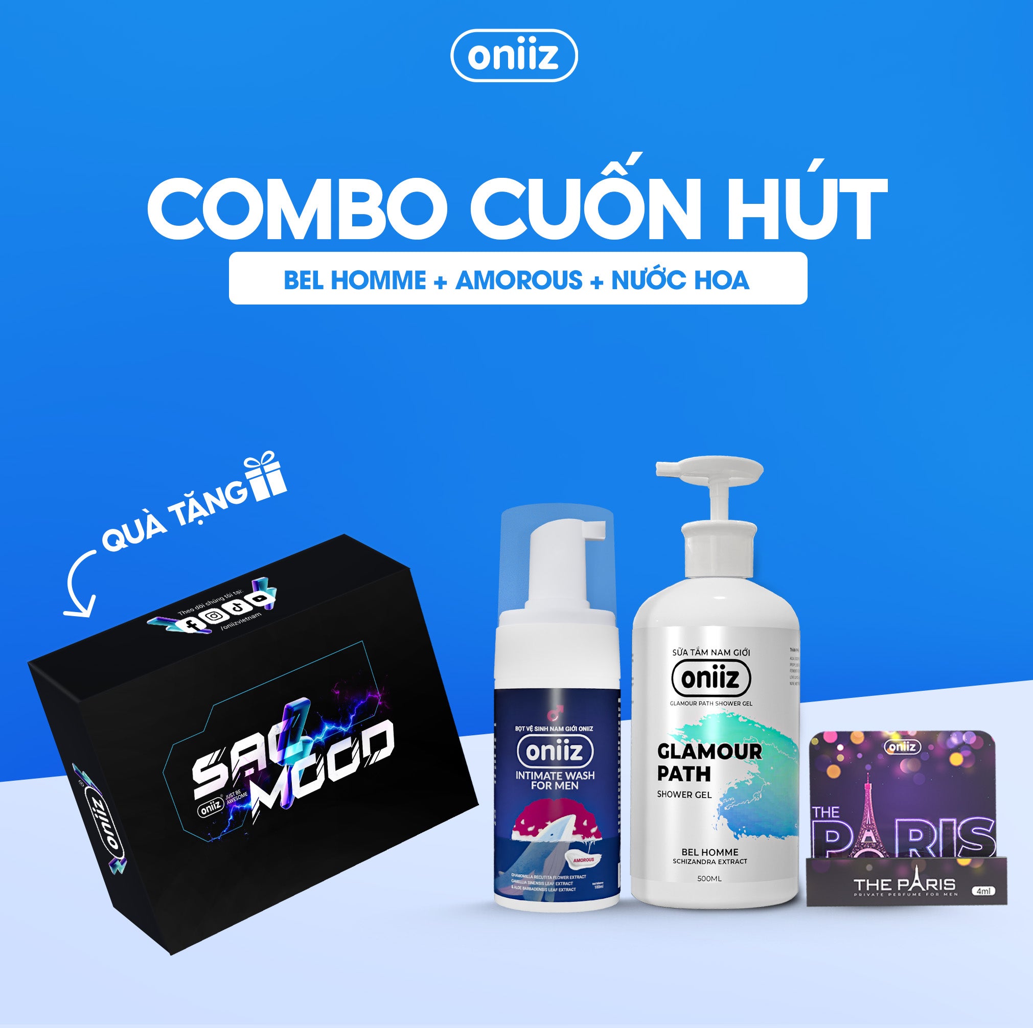 Oniiz Grooming Box - Attractive Fragrance | Bel Homme Shower Gel 500ml, Amorous Foam Cleanser 100ml and Facial Cleanser 100ml