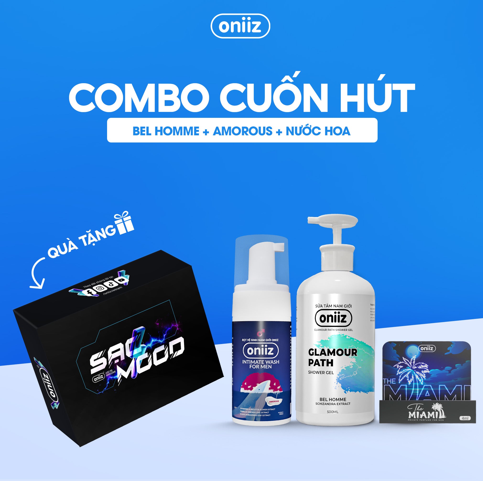 Oniiz Grooming Box - Attractive Fragrance | Bel Homme Shower Gel 500ml, Amorous Foam Cleanser 100ml and Facial Cleanser 100ml