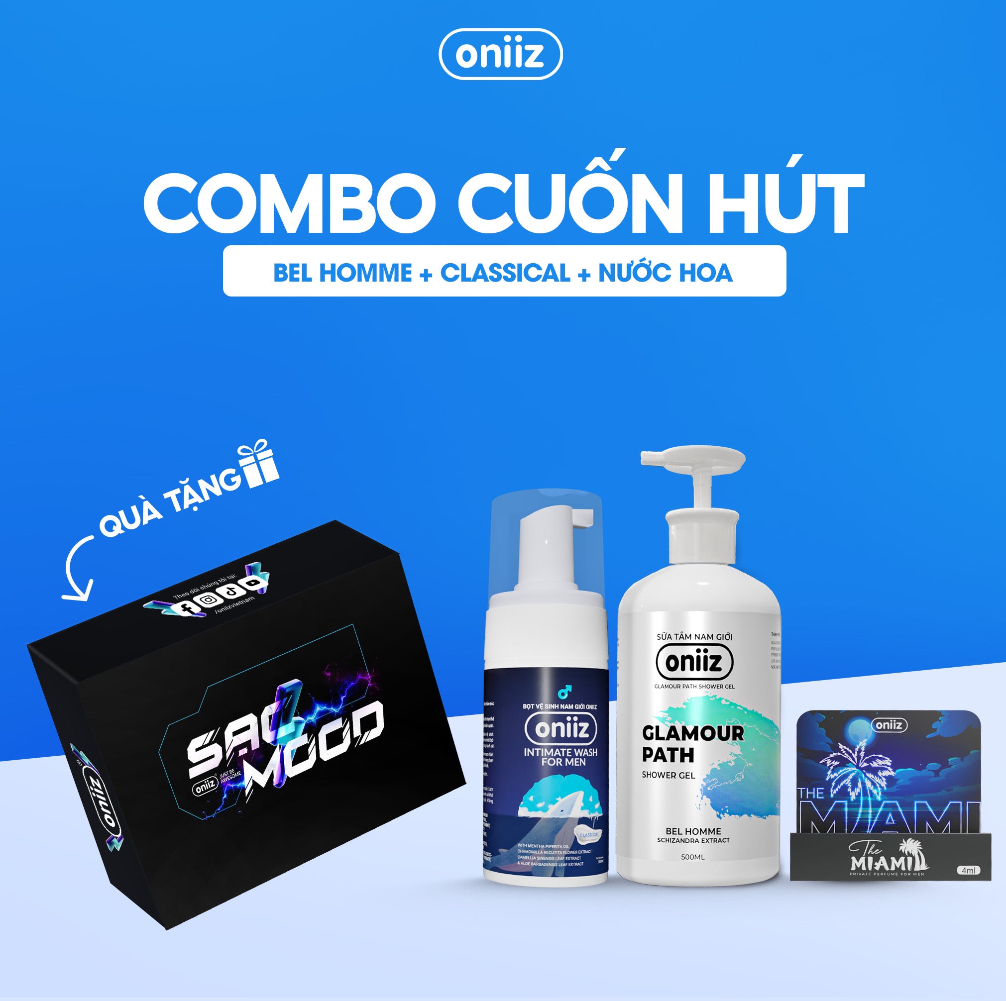 Oniiz Grooming Box - Intoxicating Fragrance | Bel Homme Shower Gel 500ml, Classical Foam Cleanser 100ml and Facial Cleanser 100ml