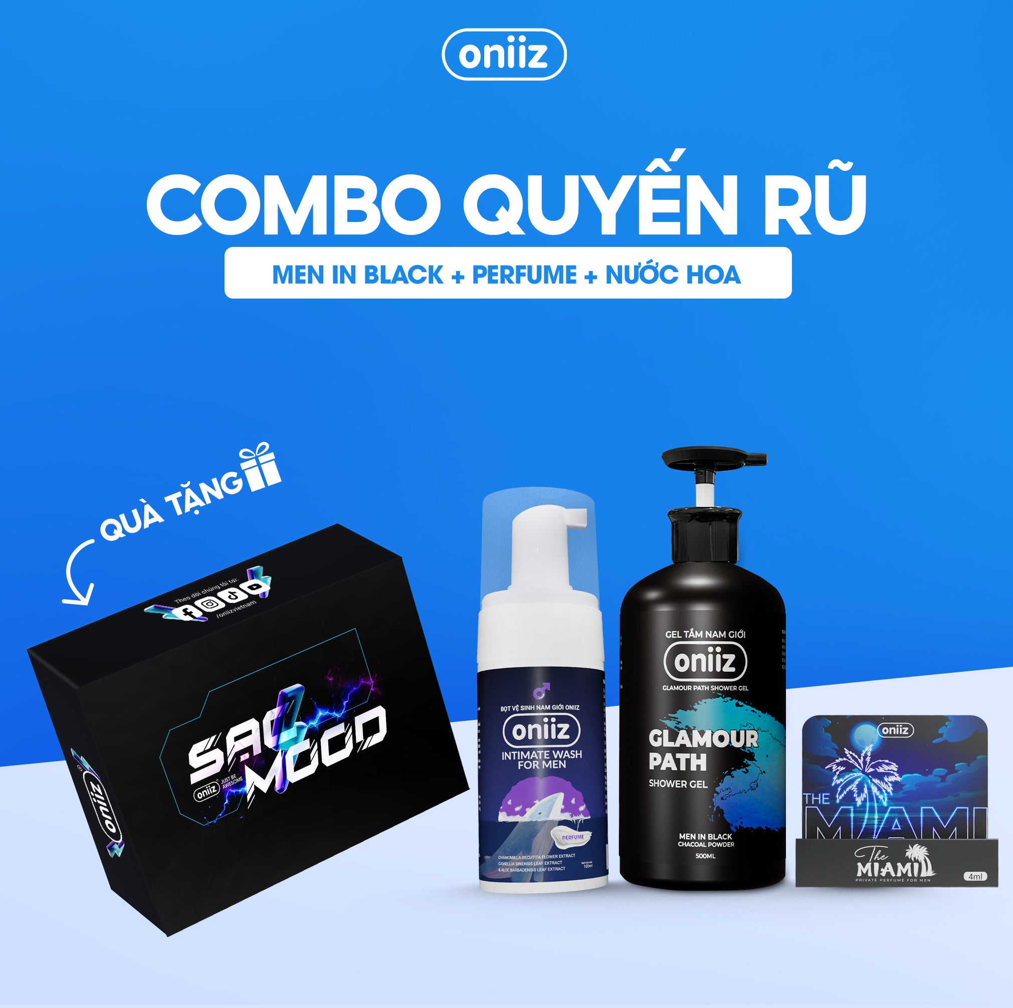 Oniiz Grooming Box - Seductive Fragrance | Men In Black Shower Gel 500ml, Perfume Foam Cleanser 100ml And Facial Cleanser 100ml
