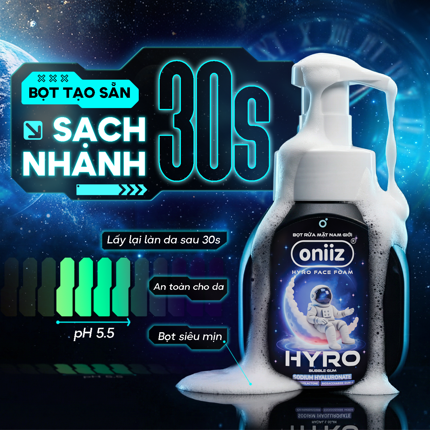 Bọt rửa mặt nam giới Hyro Face Foam Oniiz - Đánh thức làn da, sạch sâu, sảng khoái tức thì 150ml