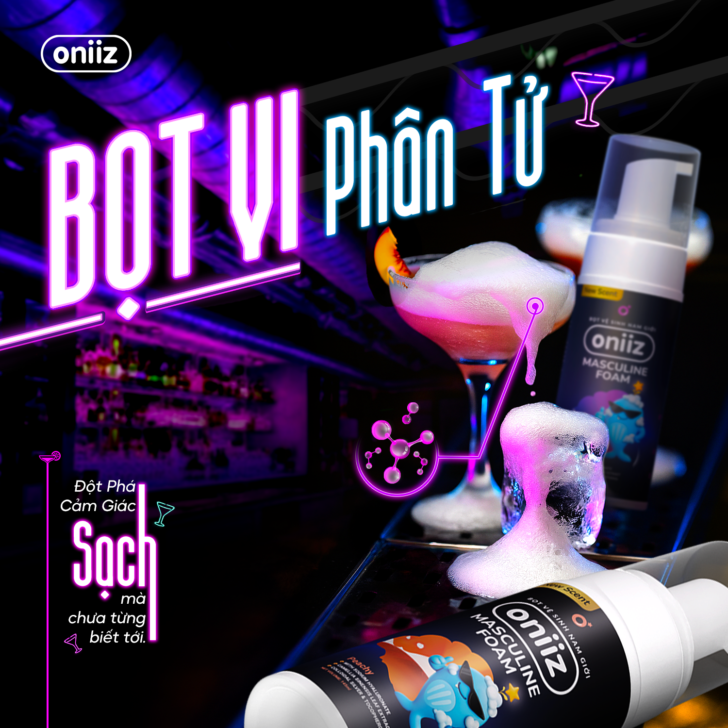 Bọt vệ sinh nam giới Oniiz Plus - Dung dịch Masculine Foam sạch sâu, dưỡng ẩm, hương cocktail 145ml