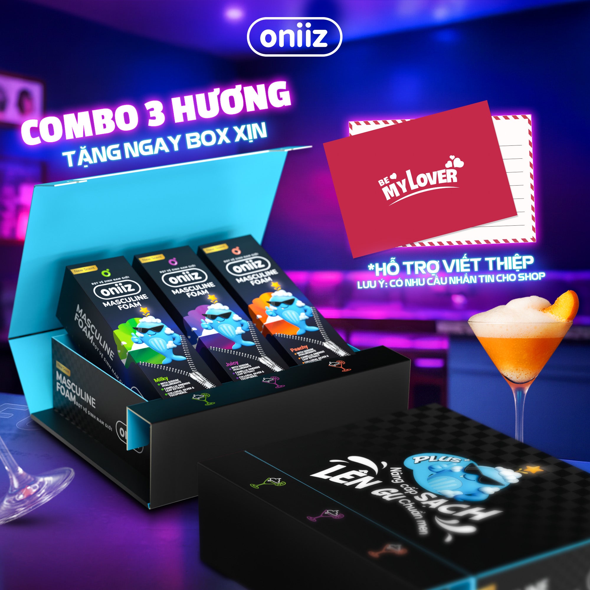 Bọt vệ sinh nam giới Oniiz Plus - Dung dịch Masculine Foam sạch sâu, dưỡng ẩm, hương cocktail 145ml