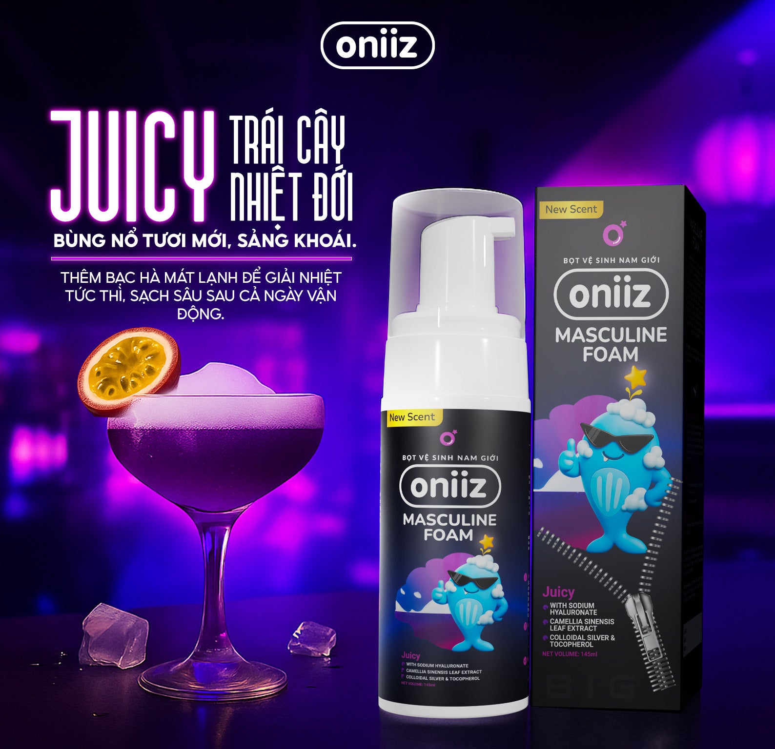Bọt vệ sinh nam giới Oniiz Plus hương Juicy, dung dịch Masculine foam sạch sâu, mát lạnh, dưỡng ẩm