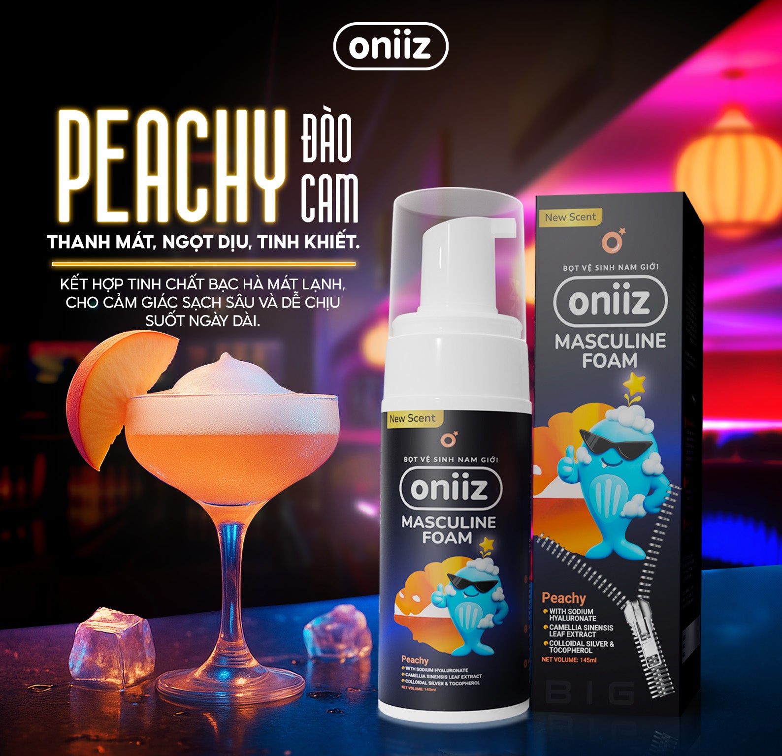 Bọt vệ sinh nam giới Oniiz Plus - Dung dịch Masculine Foam sạch sâu, dưỡng ẩm, hương cocktail 145ml