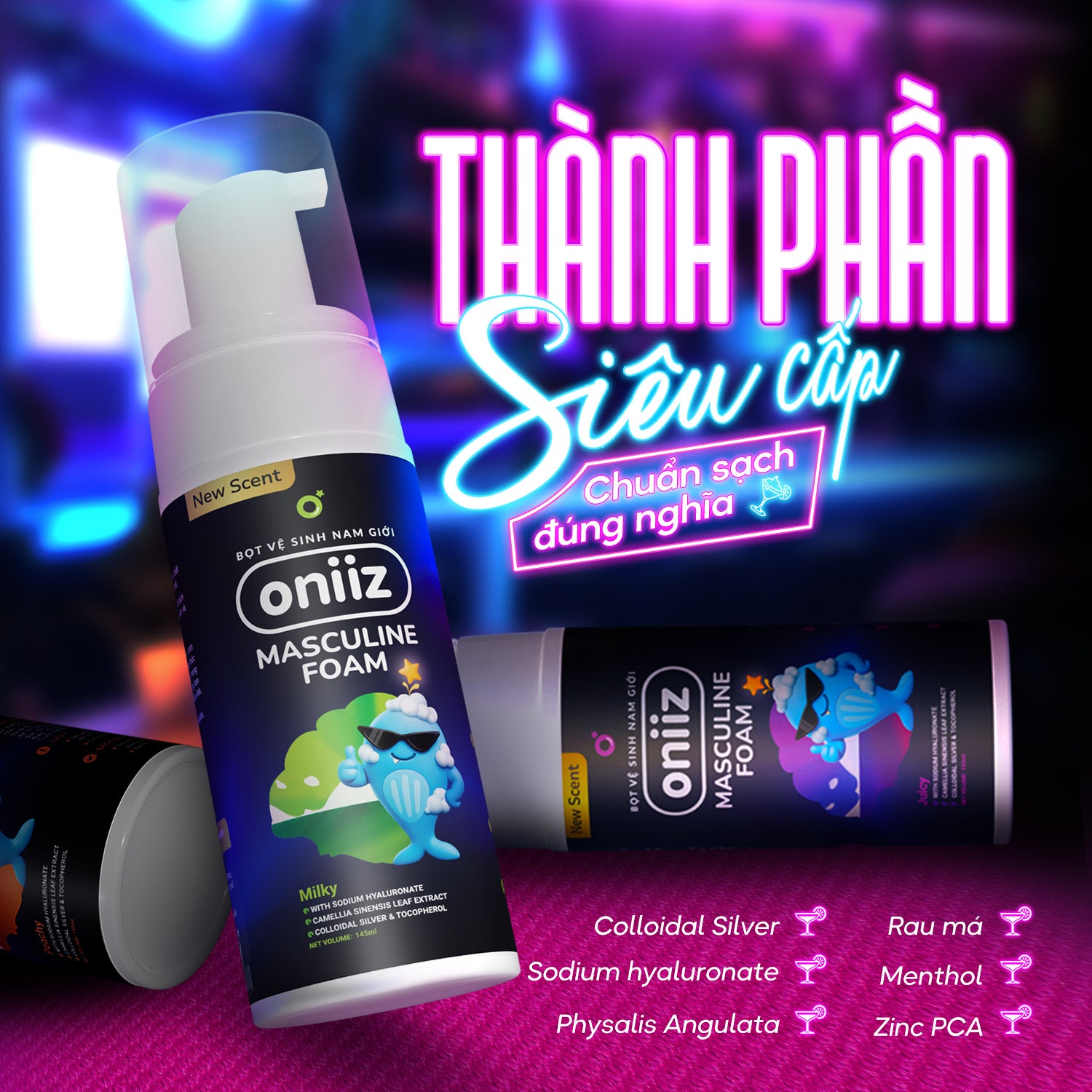 Bọt vệ sinh nam giới Oniiz Plus - Dung dịch Masculine Foam sạch sâu, dưỡng ẩm, hương cocktail 145ml