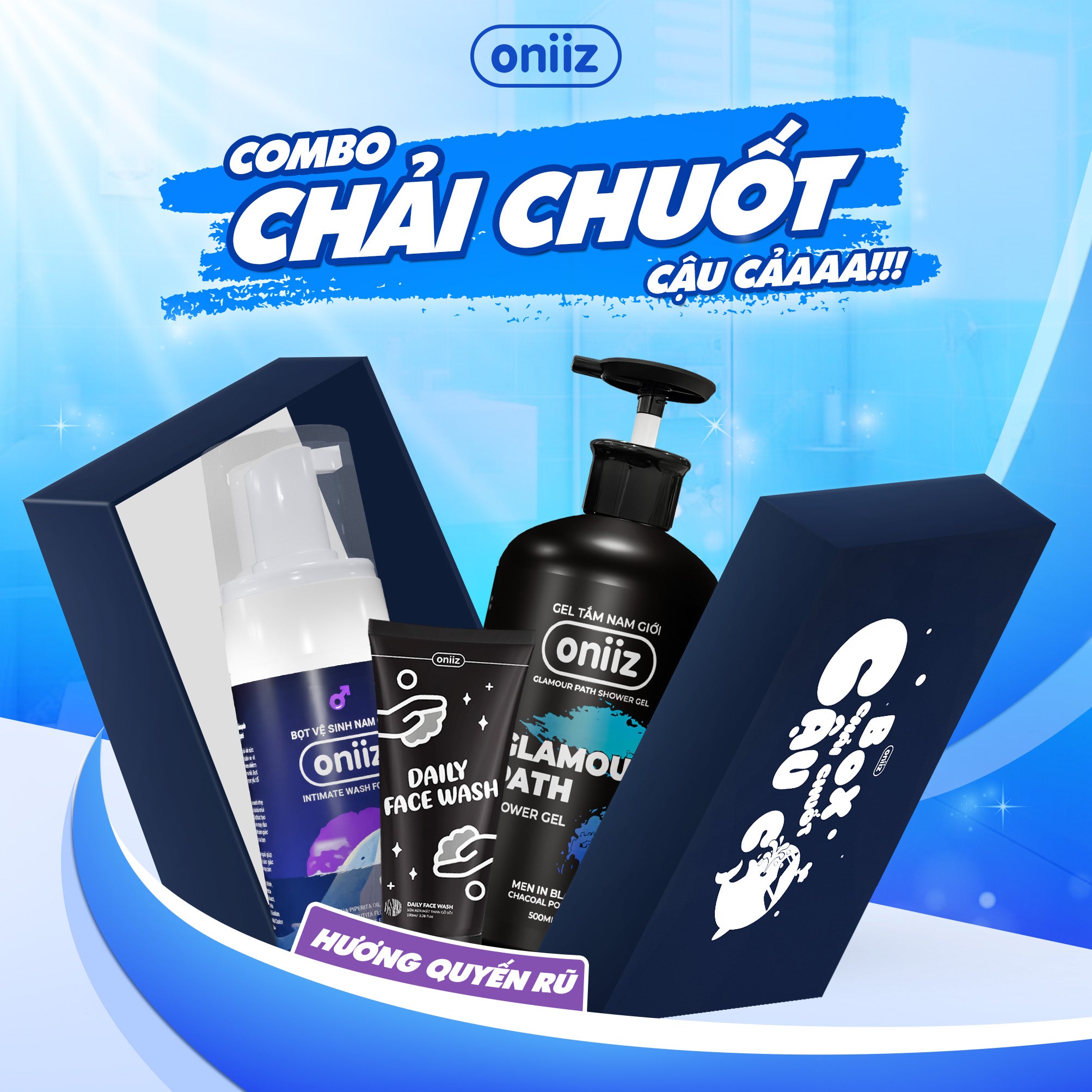 Oniiz Grooming Box - Seductive Fragrance | Men In Black Shower Gel 500ml, Perfume Foam Cleanser 100ml And Facial Cleanser 100ml