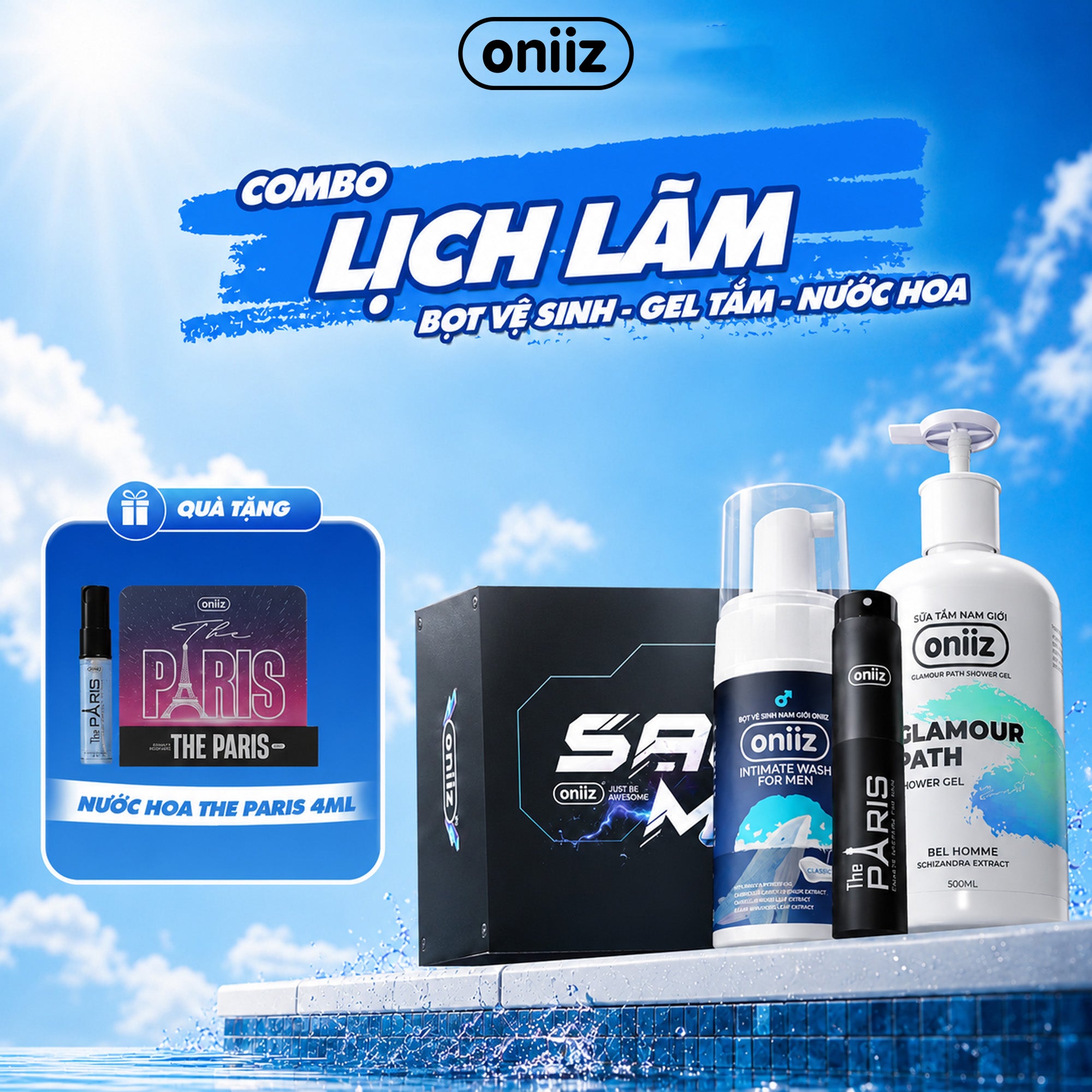Combo Lịch Lãm Oniiz | Bọt Vệ Sinh Nam Giới, Sữa Tắm Hương Nước Hoa, Nước Hoa Cao Cấp, Quà Tặng Nước Hoa Dùng Thử 4ml