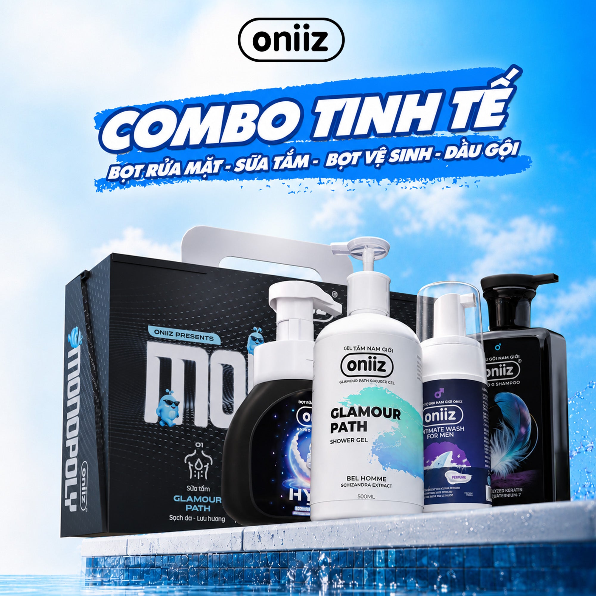 Combo Tinh Tế Oniiz - Bọt vệ sinh nam, Sữa tắm hương nước hoa, Dầu gội nam ZeroG, Bọt rửa mặt Hyro