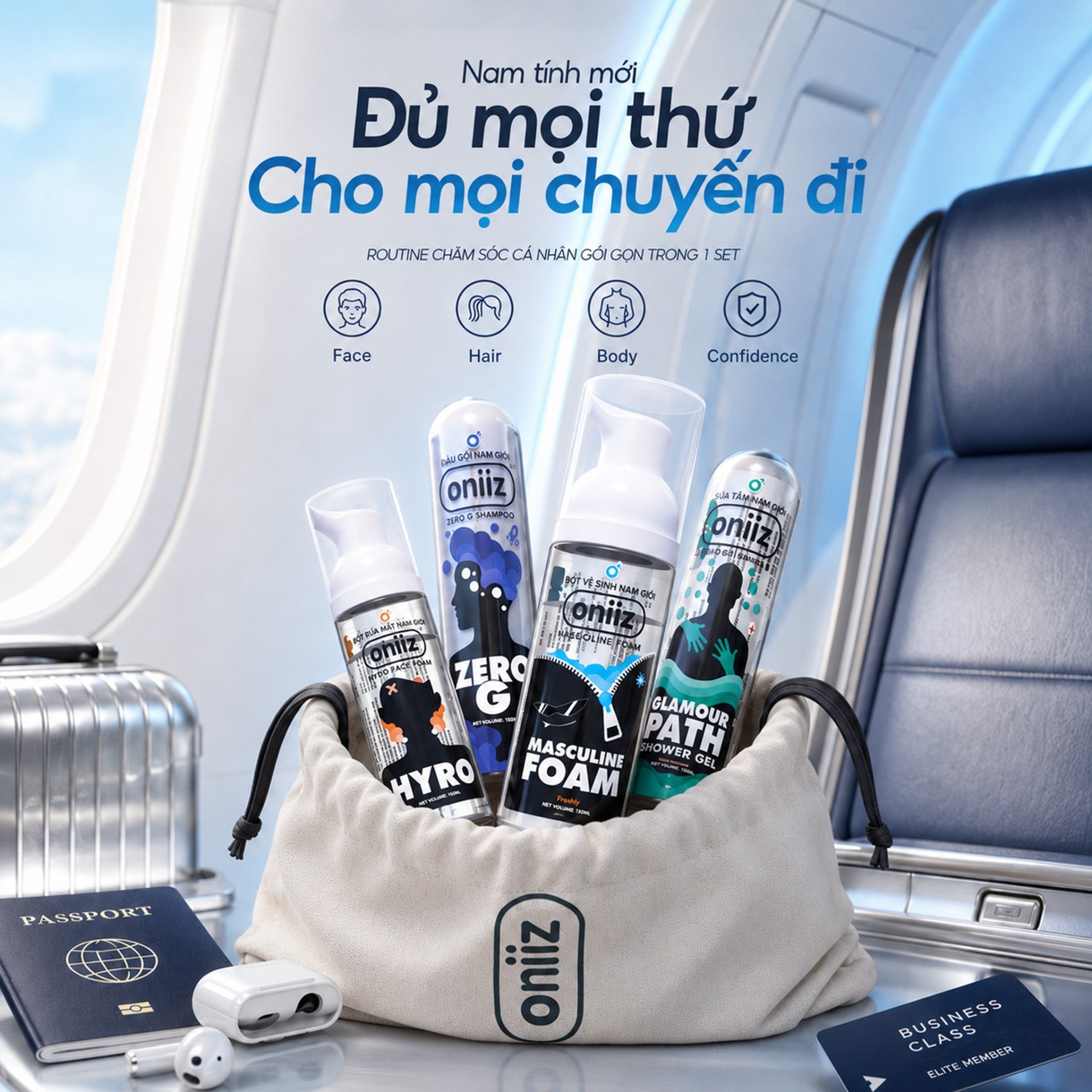 Oniiz Travel Kit, Set du lịch Nam 4 món Minisize Bọt Vệ Sinh, Rửa Mặt, Dầu Gội & Sữa Tắm. Combo chăm sóc cá nhân cho Nam Giới