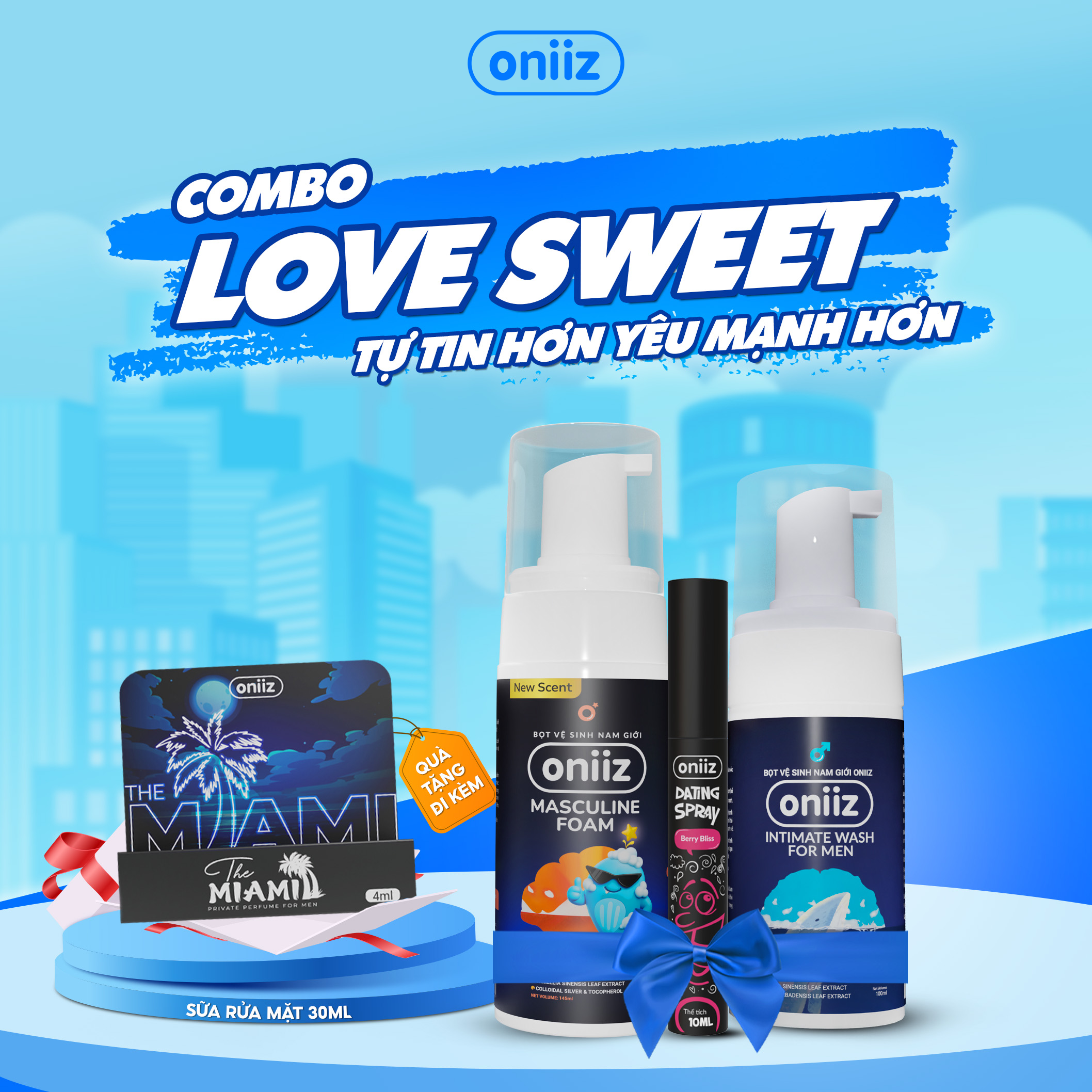 Combo Love Sweet Oniiz | Bọt Vệ Sinh Nam Giới, Xịt Thơm Miệng Dating Spray, Quà tặng nước hoa nam giới miami 4ml