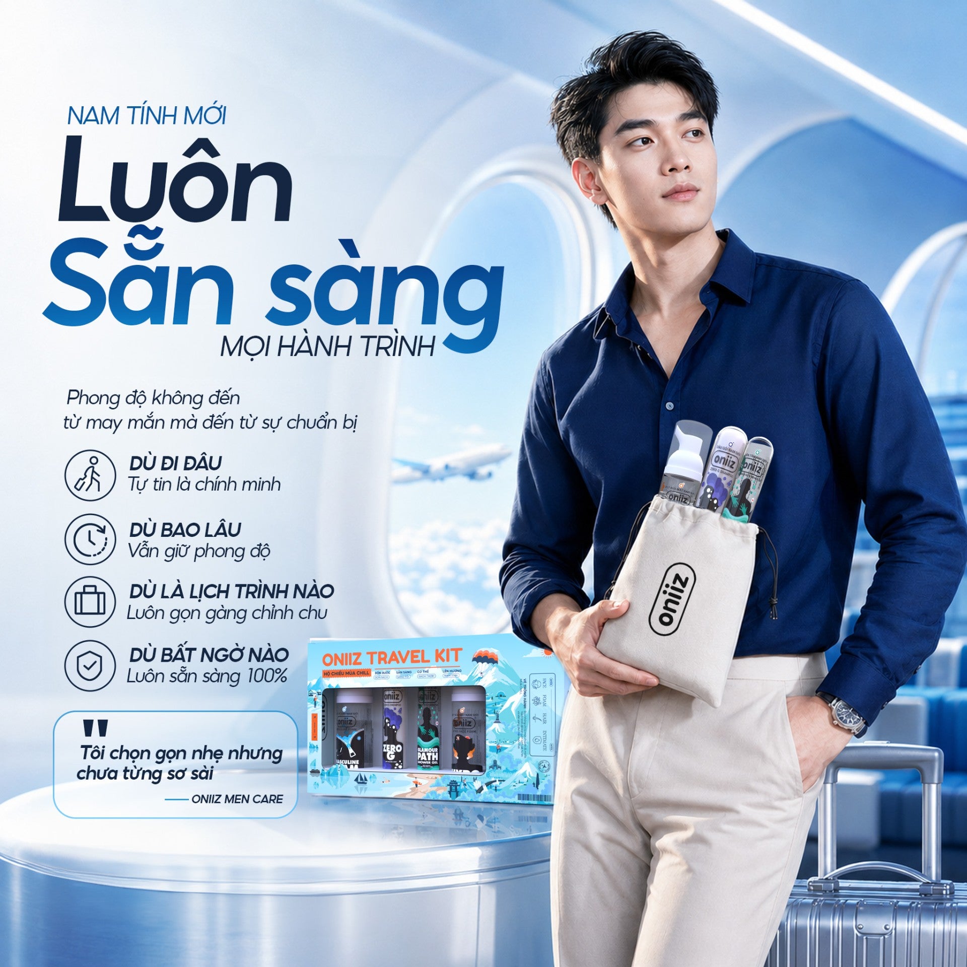 Oniiz Travel Kit, Set du lịch Nam 4 món Minisize Bọt Vệ Sinh, Rửa Mặt, Dầu Gội & Sữa Tắm. Combo chăm sóc cá nhân cho Nam Giới