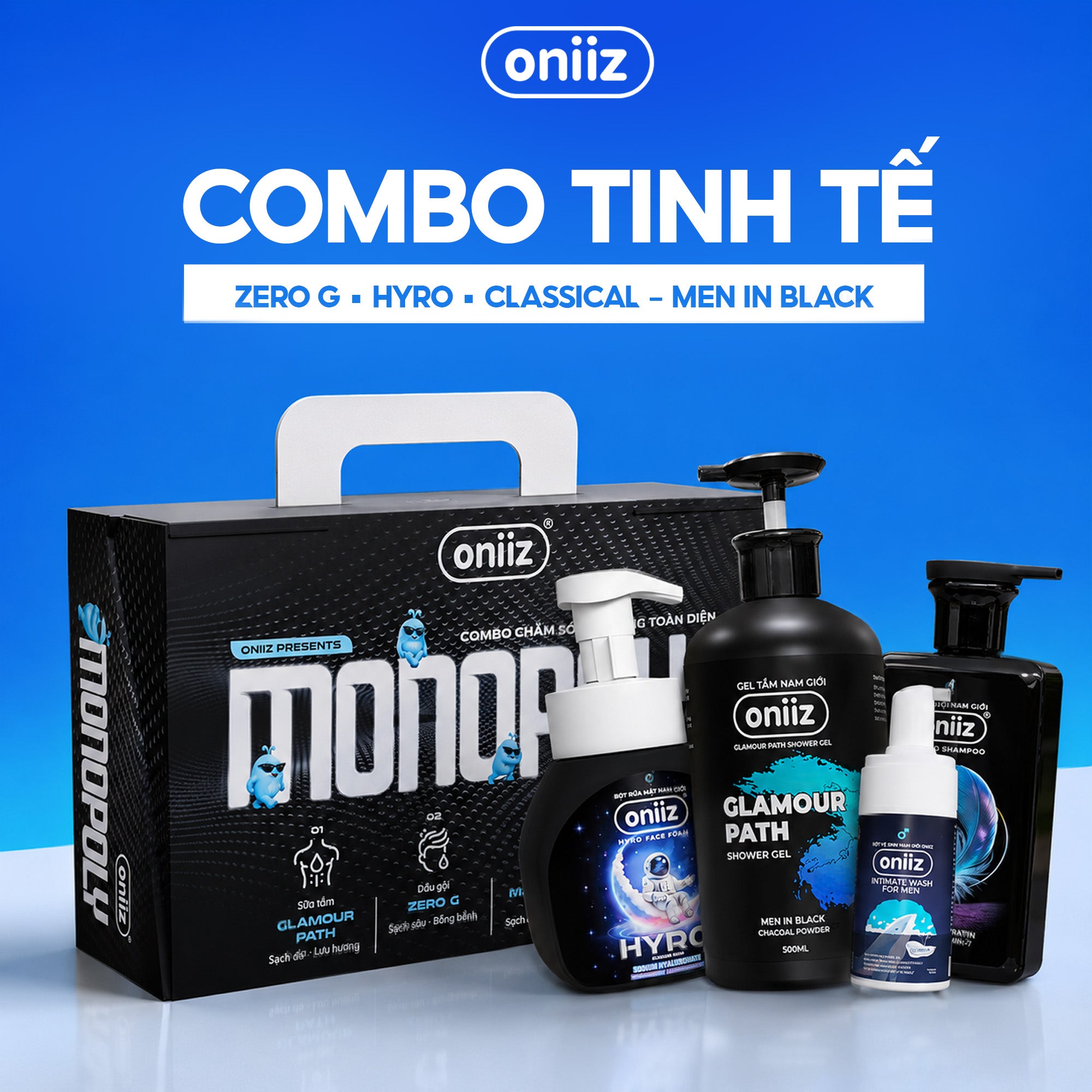 Combo Tinh Tế Oniiz - Bọt vệ sinh nam, Sữa tắm hương nước hoa, Dầu gội nam ZeroG, Bọt rửa mặt Hyro