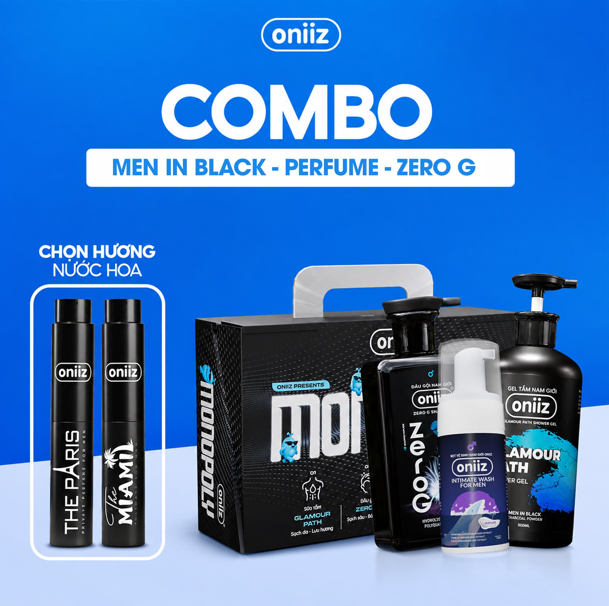 Oniiz Elegant Combo | Men's Hygiene Foam, Perfumed Shower Gel, High-Class Perfume, Organic Mask Gift