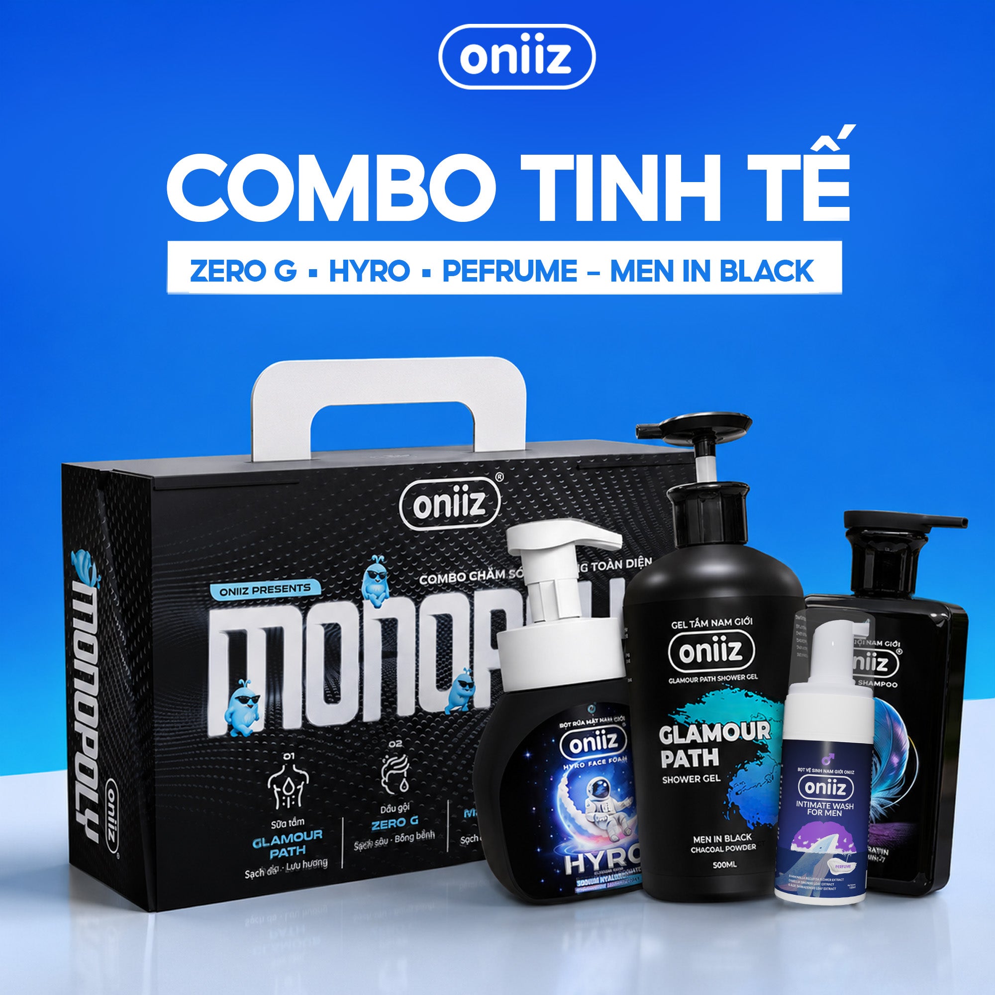 Combo Tinh Tế Oniiz - Bọt vệ sinh nam, Sữa tắm hương nước hoa, Dầu gội nam ZeroG, Bọt rửa mặt Hyro