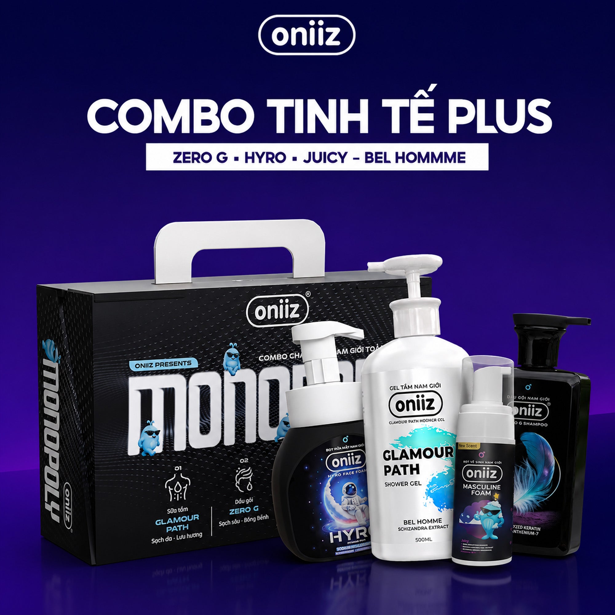Combo Tinh Tế Plus - Bọt vệ sinh nam giới mới Oniiz Plus 145ml, Sữa tắm hương nước hoa, Dầu gội Zero G, Bọt rửa mặt Hyro