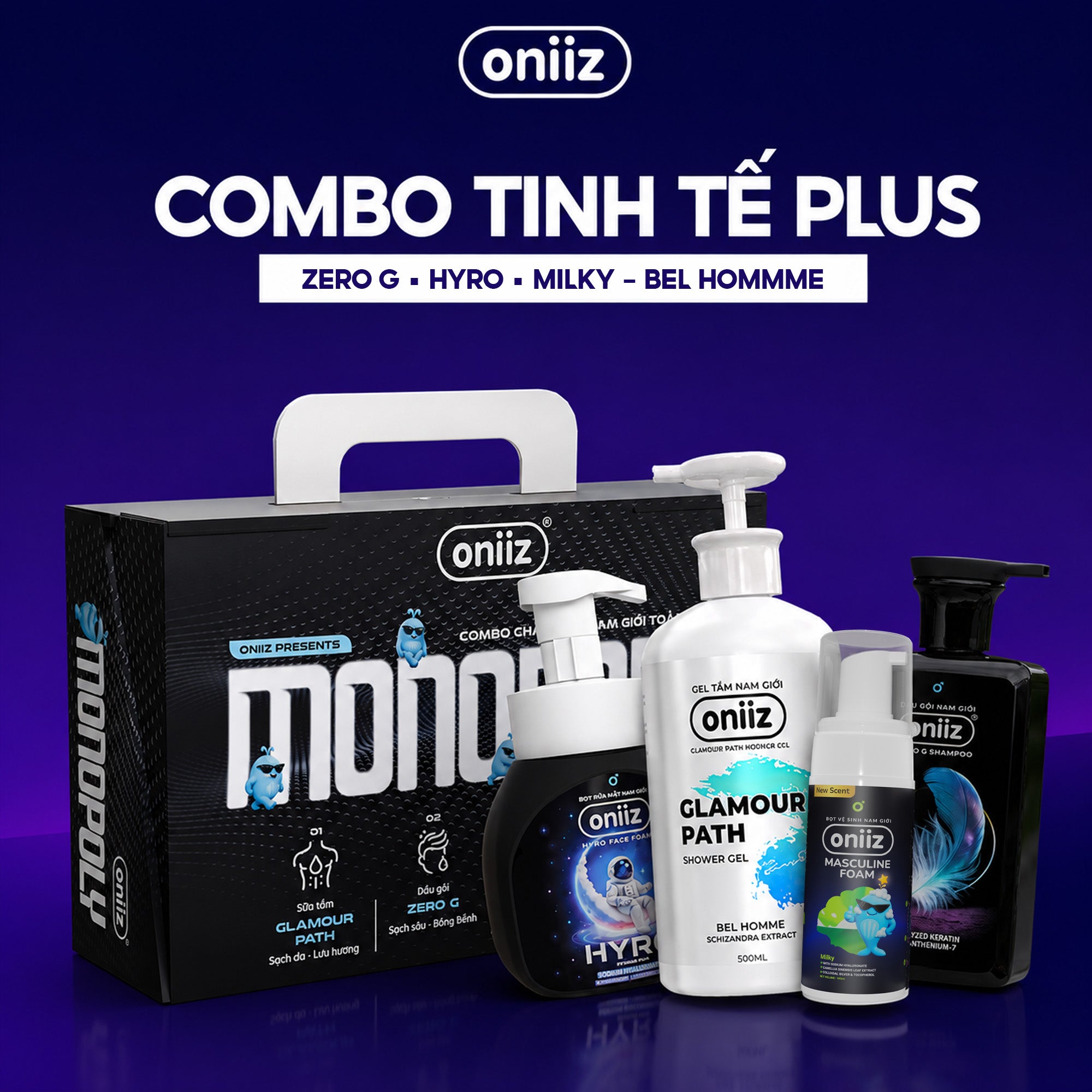 Combo Tinh Tế Plus - Bọt vệ sinh nam giới mới Oniiz Plus 145ml, Sữa tắm hương nước hoa, Dầu gội Zero G, Bọt rửa mặt Hyro