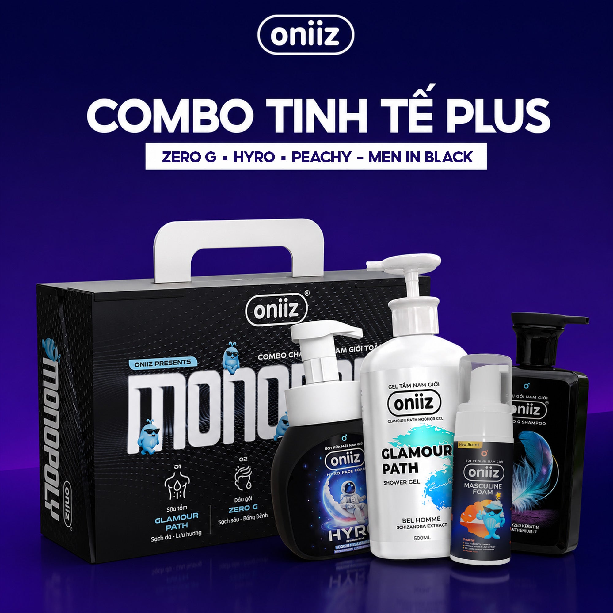 Combo Tinh Tế Plus - Bọt vệ sinh nam giới mới Oniiz Plus 145ml, Sữa tắm hương nước hoa, Dầu gội Zero G, Bọt rửa mặt Hyro