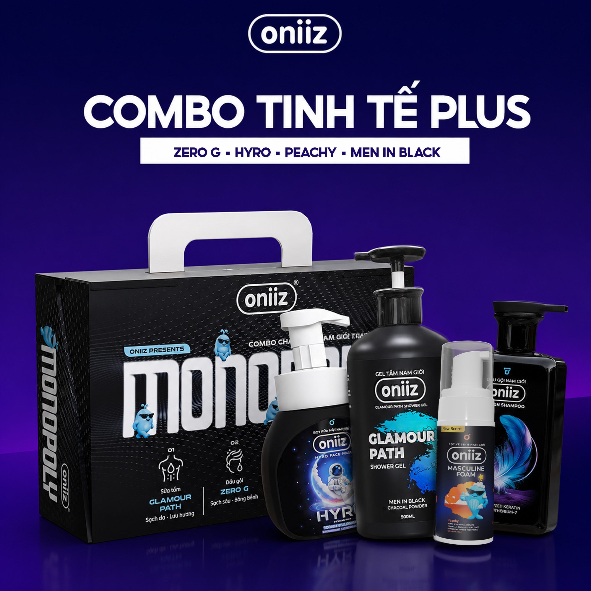 Combo Tinh Tế Plus - Bọt vệ sinh nam giới mới Oniiz Plus 145ml, Sữa tắm hương nước hoa, Dầu gội Zero G, Bọt rửa mặt Hyro
