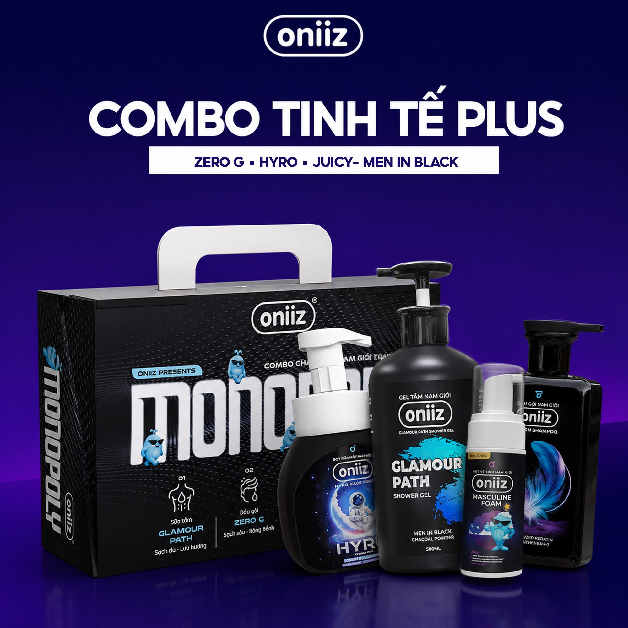 Combo Tinh Tế Plus - Bọt vệ sinh nam giới mới Oniiz Plus 145ml, Sữa tắm hương nước hoa, Dầu gội Zero G, Bọt rửa mặt Hyro