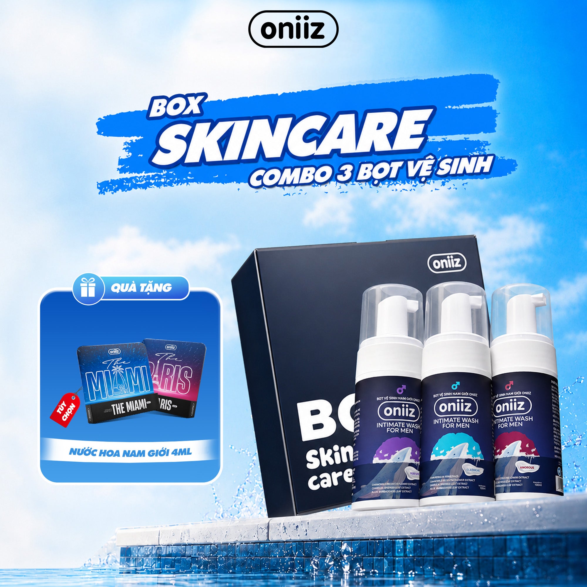Box Skincare Oniiz | Combo 3 Bọt Vệ Sinh Nam, Dung Dịch Vệ Sinh Nam Tạo Bọt Mịn 100ml