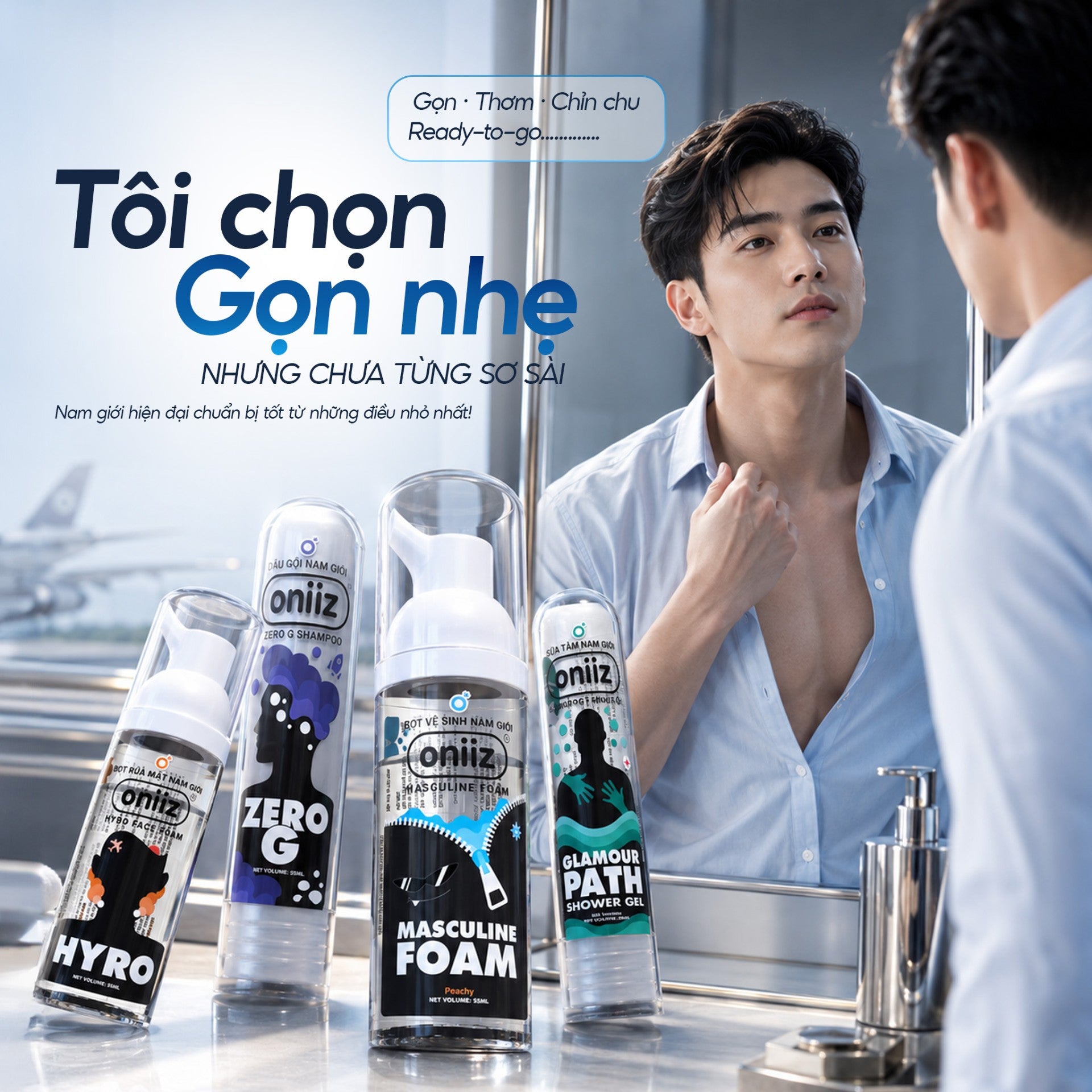 Oniiz Travel Kit, Set du lịch Nam 4 món Minisize Bọt Vệ Sinh, Rửa Mặt, Dầu Gội & Sữa Tắm. Combo chăm sóc cá nhân cho Nam Giới